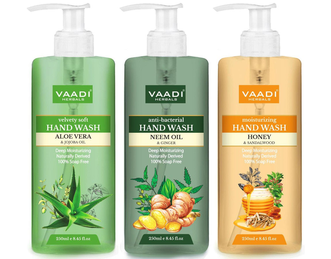 Vaadi Herbals Luxurious Aloe Vera & Jojoba Oil, Neem Oil & Ginger, Honey & Sandal Handwash - Pack of 3