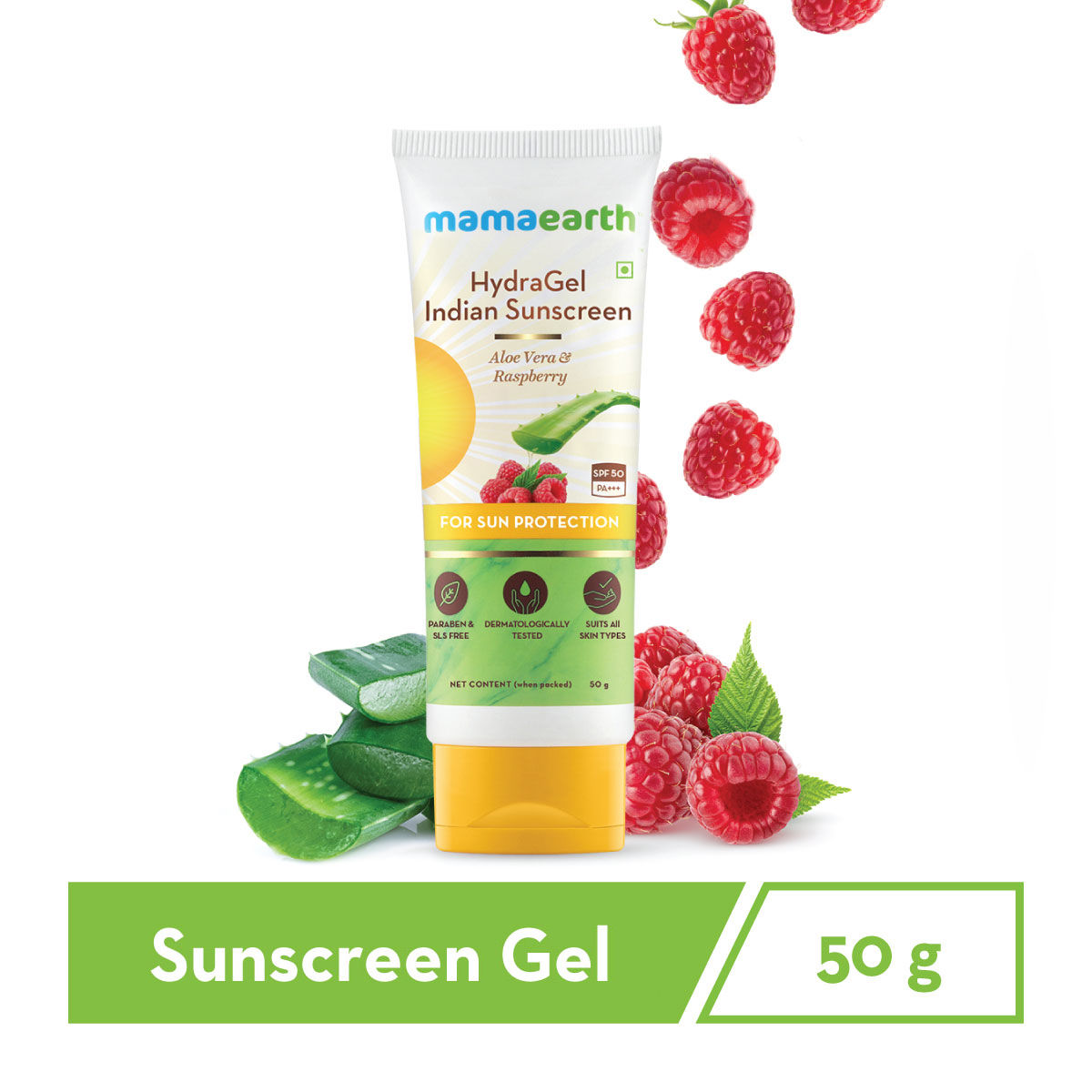 Mamaearth HydraGel Indian Sunscreen SPF 50, with Aloe Vera & Raspberry, for Sun Protection
