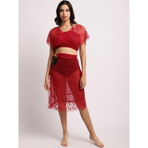 Erotissch Women Red Semi Sheer Beachwear Top and Skirt (Set of 2) (S)