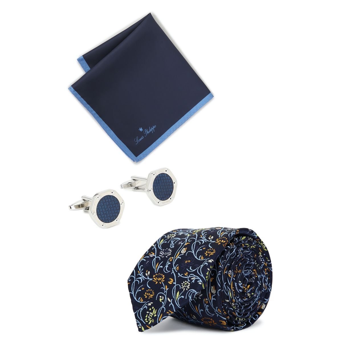 Louis Philippe Navy Tie Pocket Square And Cufflink