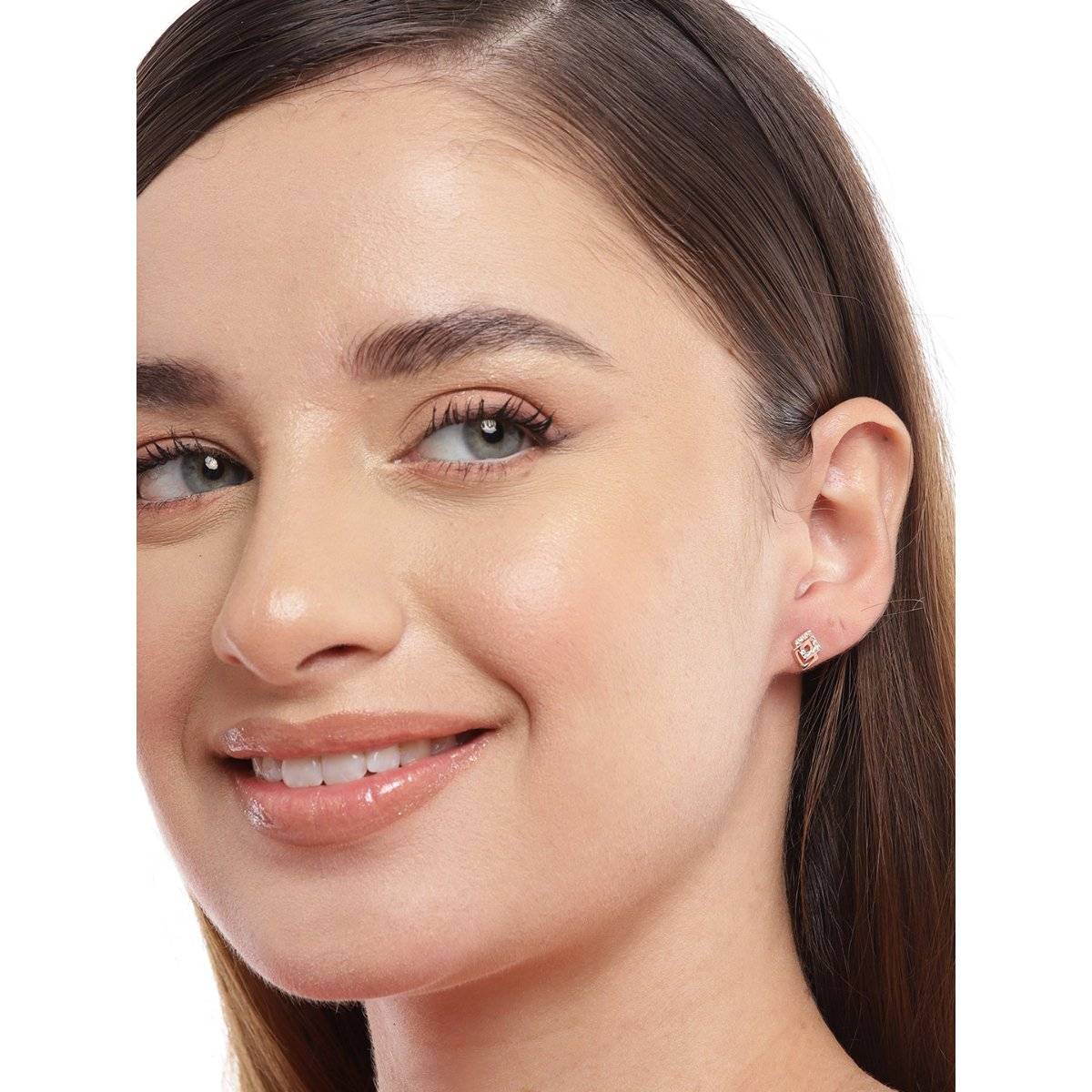 Zavya Radiant Rose Gold Square Elegance Cz 925 Sterling Silver Earrings