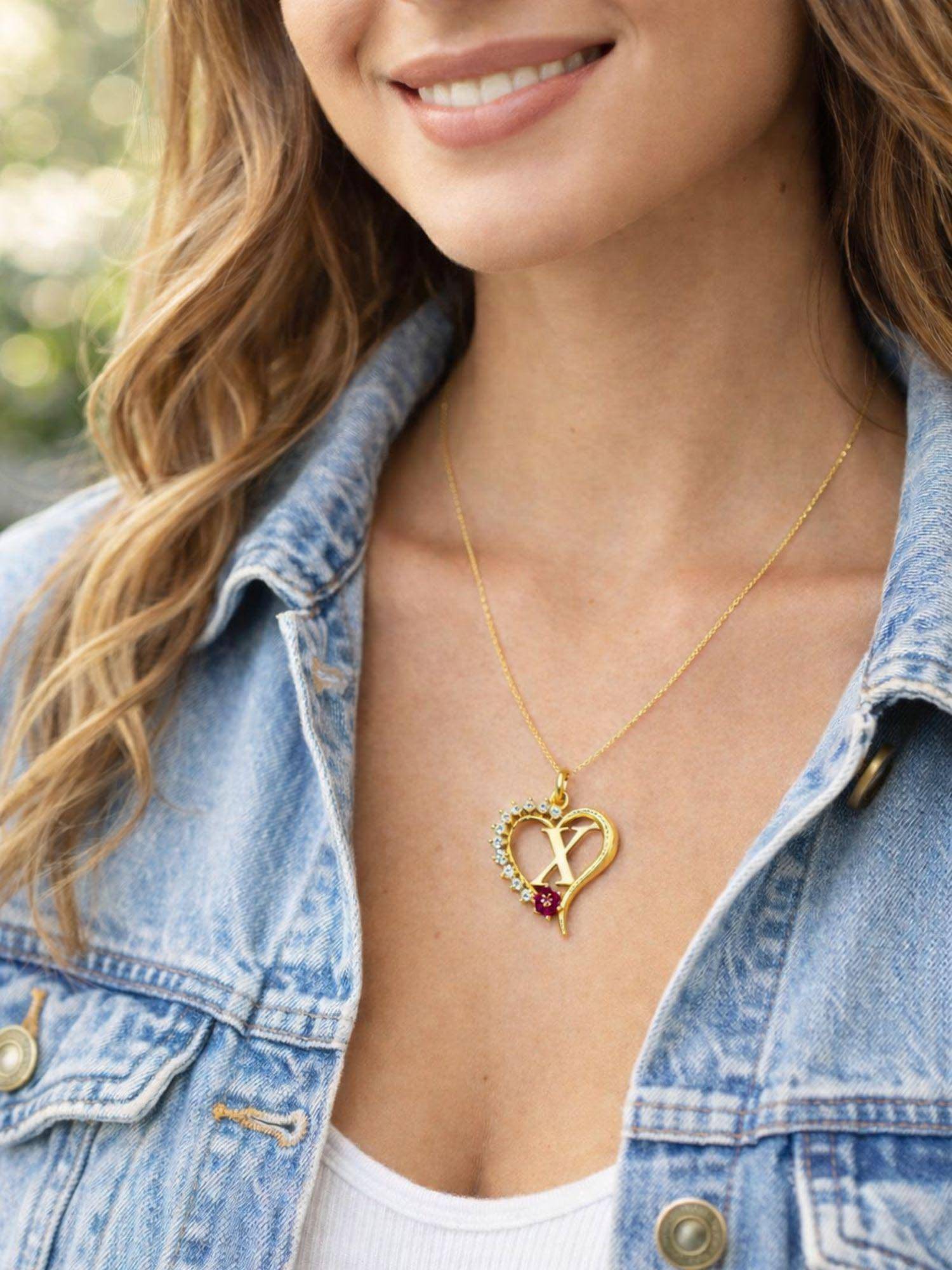 Digital Dress Room Women X Letter Heart Initial Pink-White Stone Gold Short Necklace