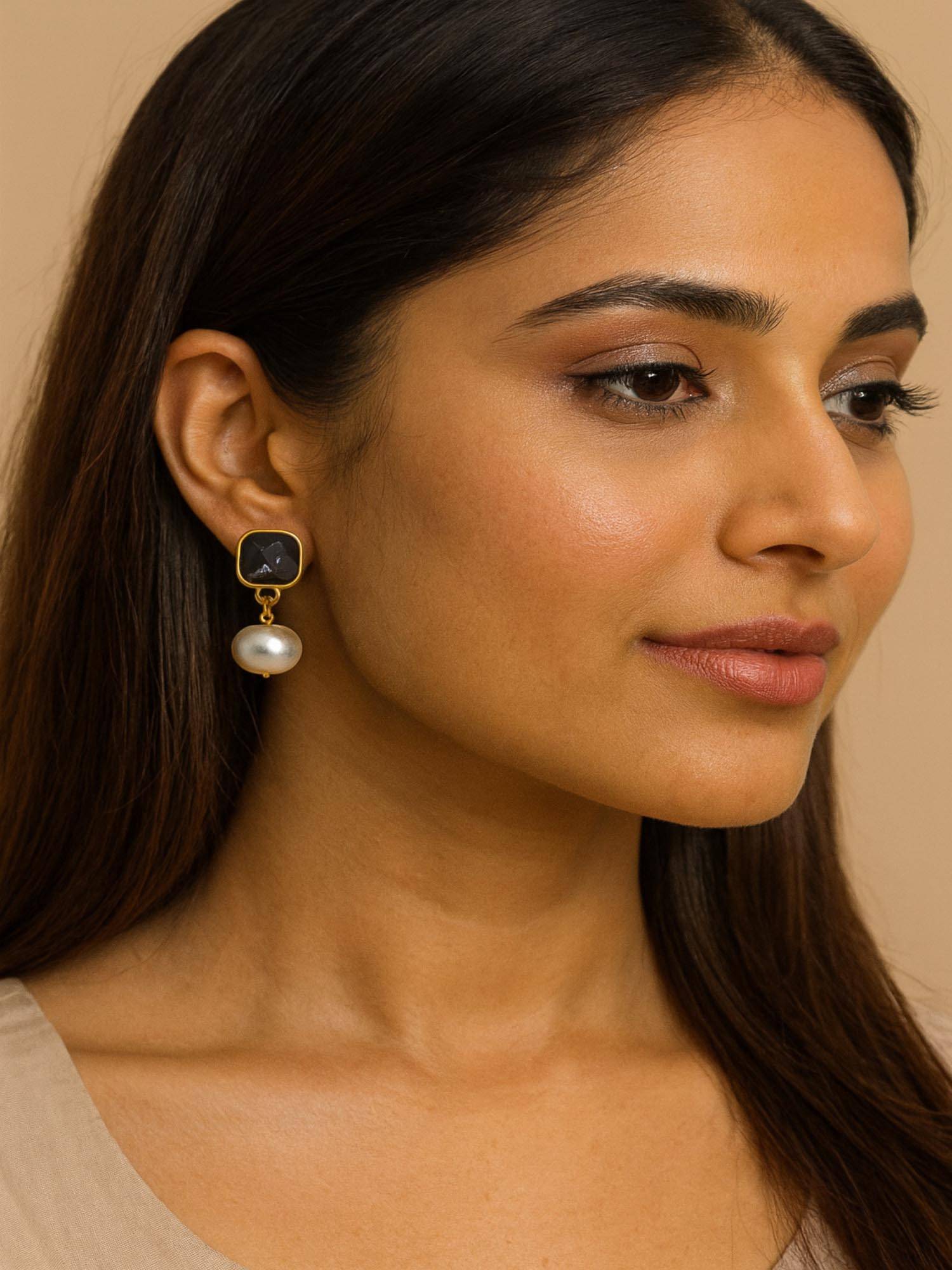 Jewelz Women Gold-Tone Black-White Stone Pearl Drop Earrings