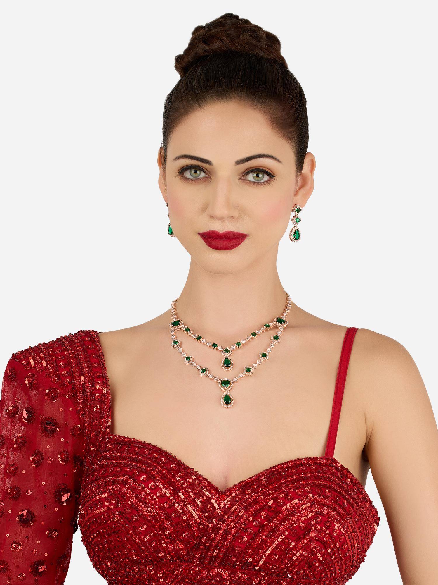 Zaveri Pearls Green Cubic Zirconia Layered Necklace and Earring Set-ZPFK22233