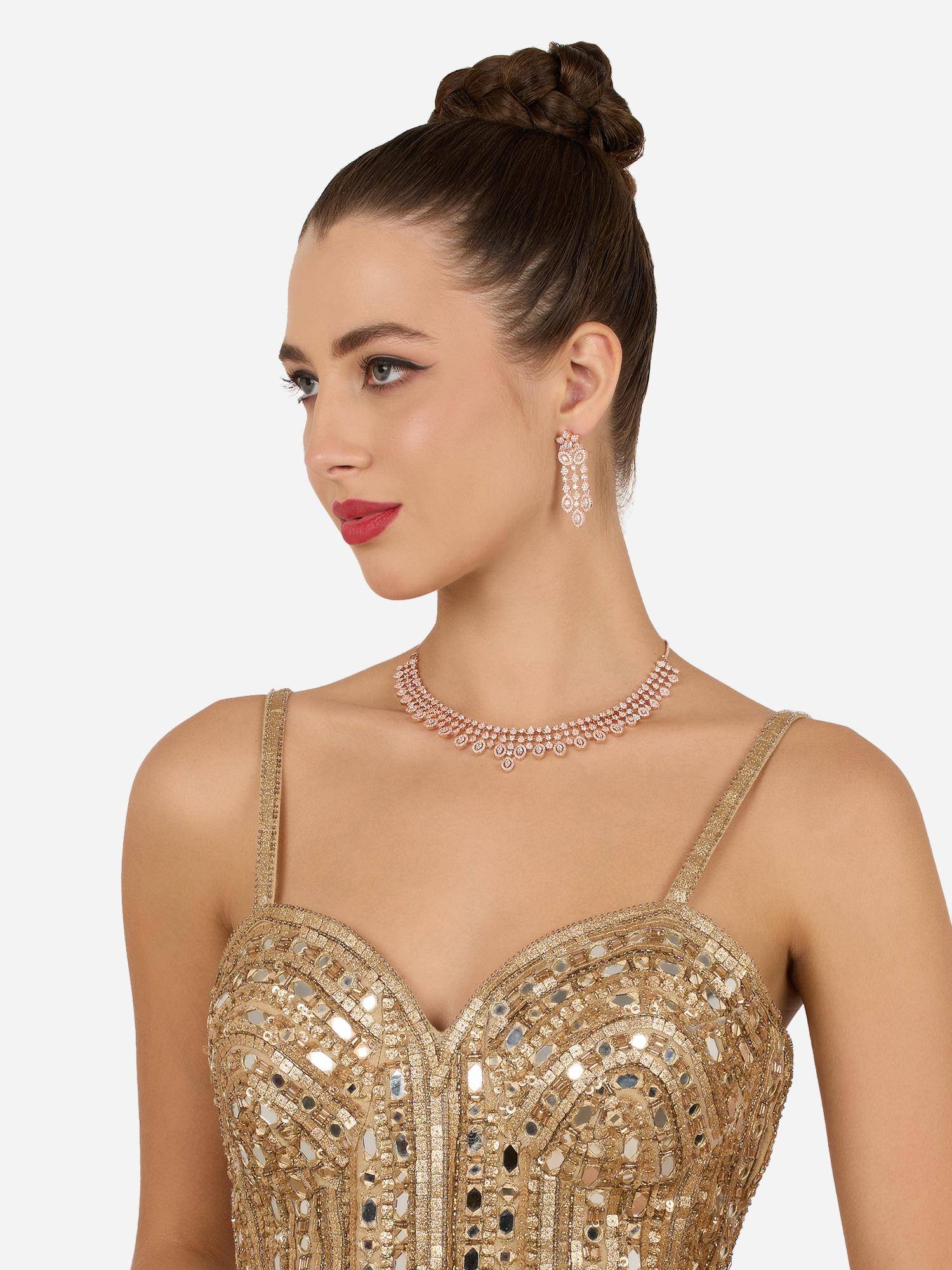 Zaveri Pearls Rose Gold Cubic Zirconia Contemporary Necklace and Earring Set-ZPFK22237