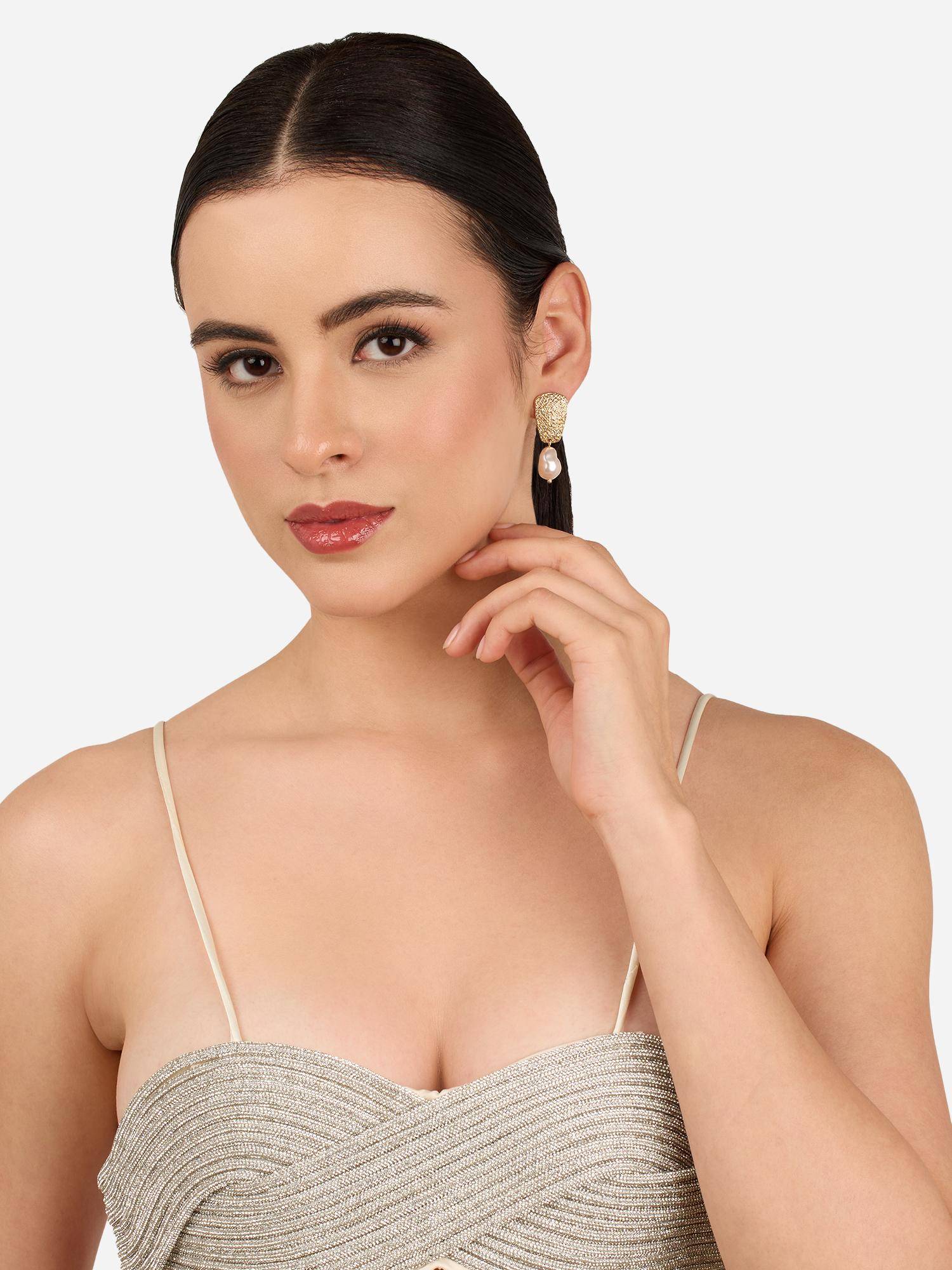 Zaveri Pearls Gold Tone Contemporary Style Baroque Pearl Drop Earring-Zpfk22257