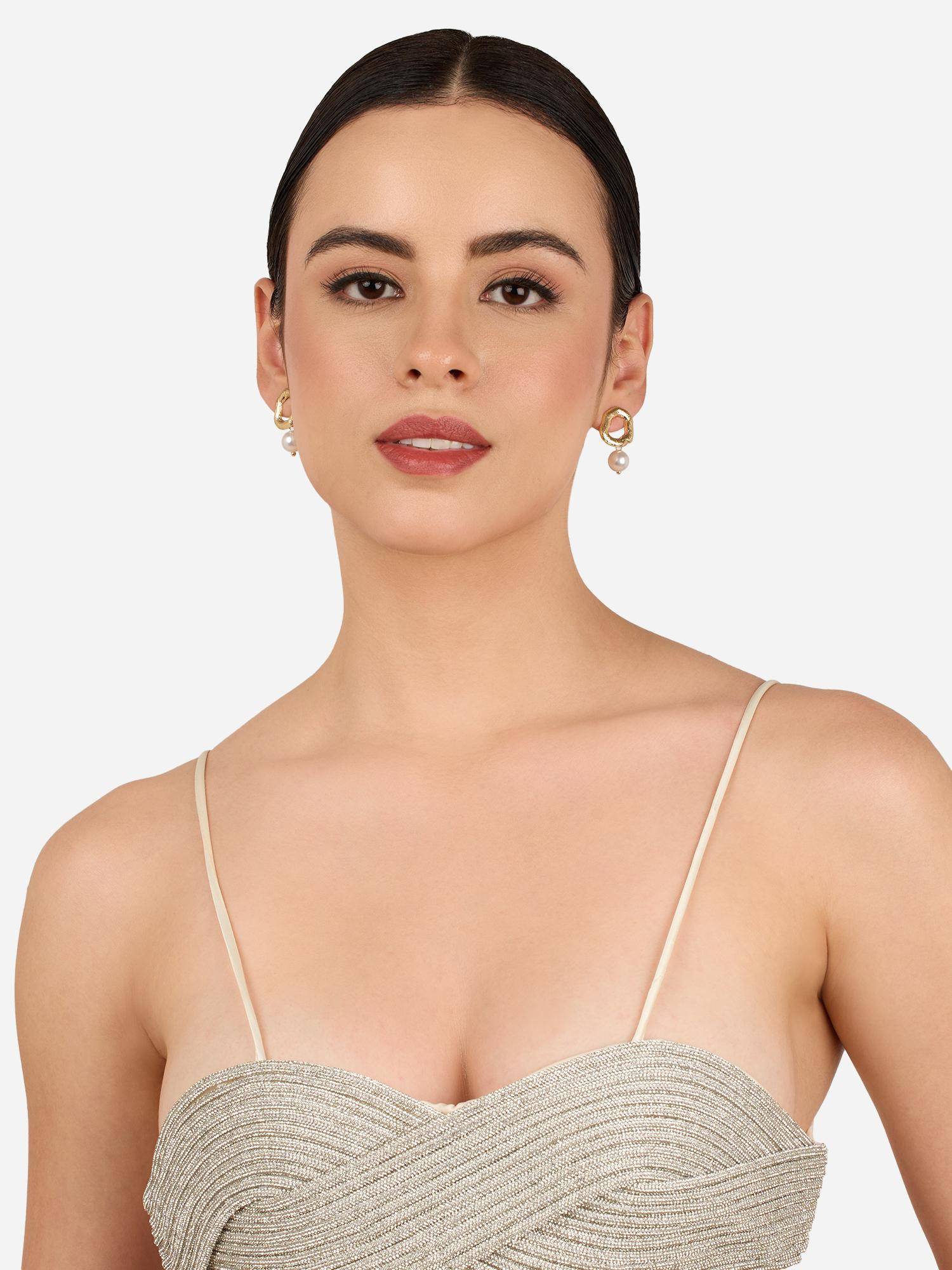Zaveri Pearls Gold Tone Contemporary Style Baroque Pearl Drop Earring-Zpfk22258