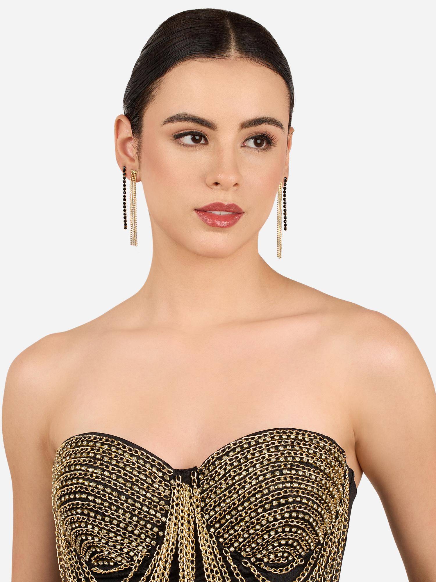 Zaveri Pearls Pack of 2 Black and Gold Contemporary Style Drop Earrings-ZPFK22260