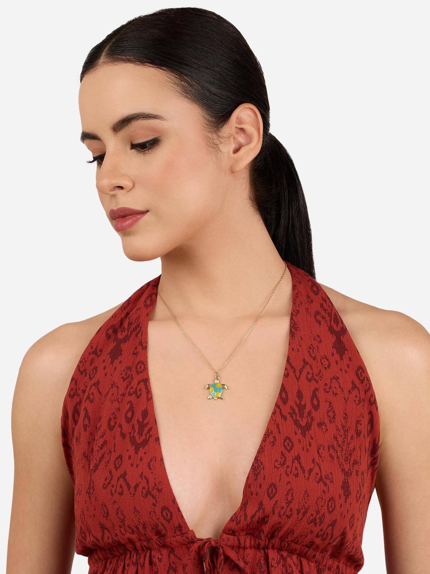 Zaveri Pearls Turquoise Blue and Yellow Enamel Turtle Pendant With Chain-ZPFK22269