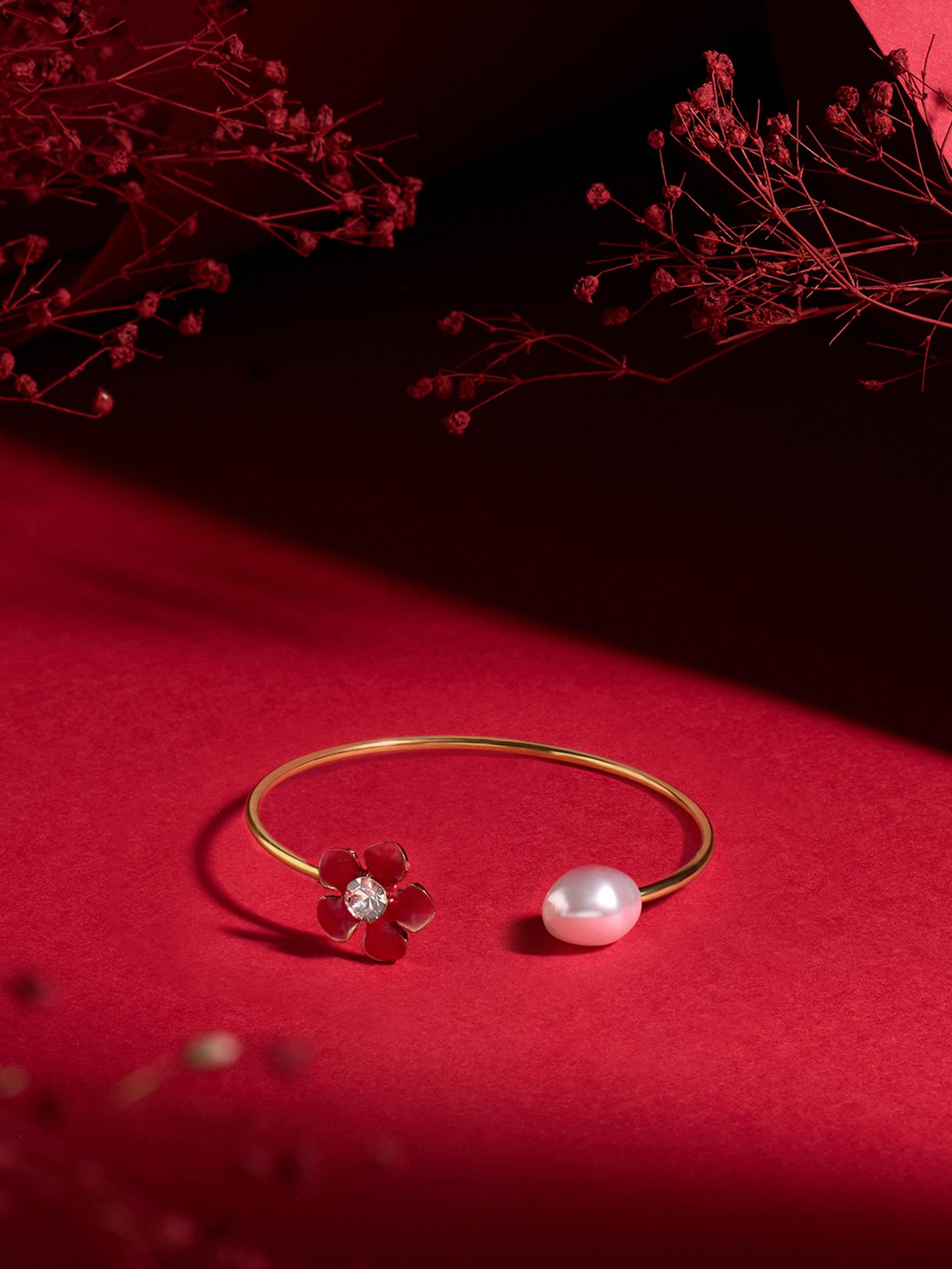 Buy Zaveri Pearls Pink Enamel Flower Diamond and Pearl