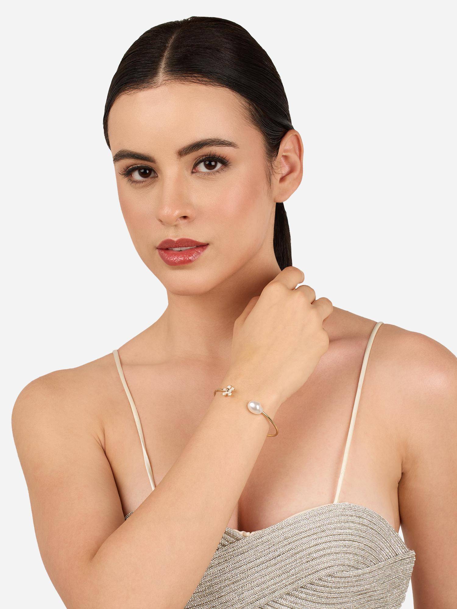 Zaveri Pearls White Enamel Flower Pearl Embellish Western Cuff Bracelet-Zpfk22288