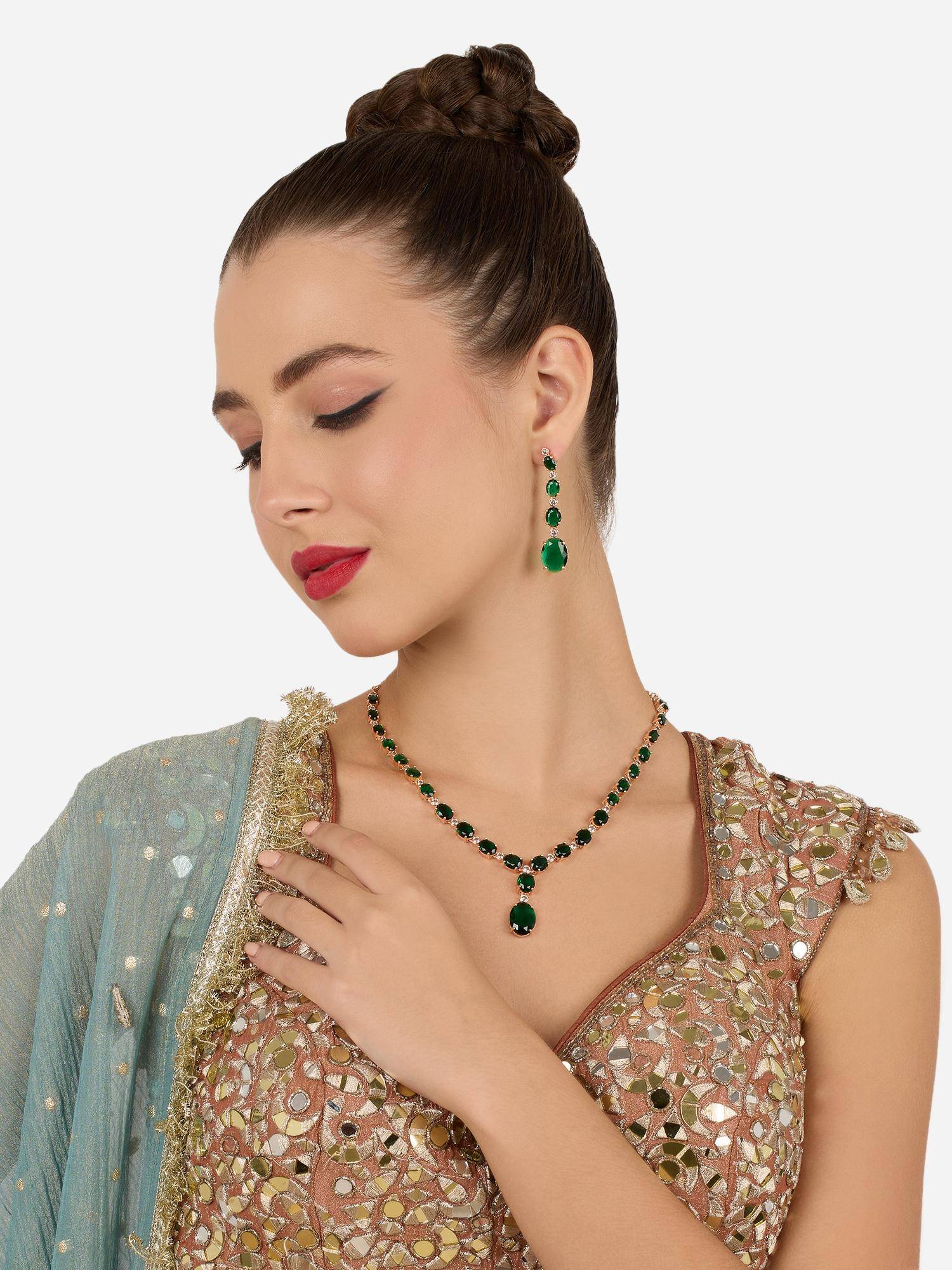 Zaveri Pearls Green Cubic Zirconia Contemporary Necklace and Earring Set-ZPFK22300