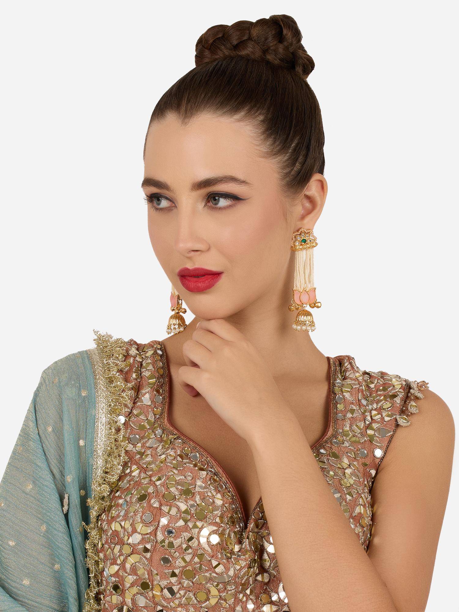 Zaveri Pearls Pink Green Stones Multistrand Pearl Lotus Drop Jhumka Earring-Zpfk22303