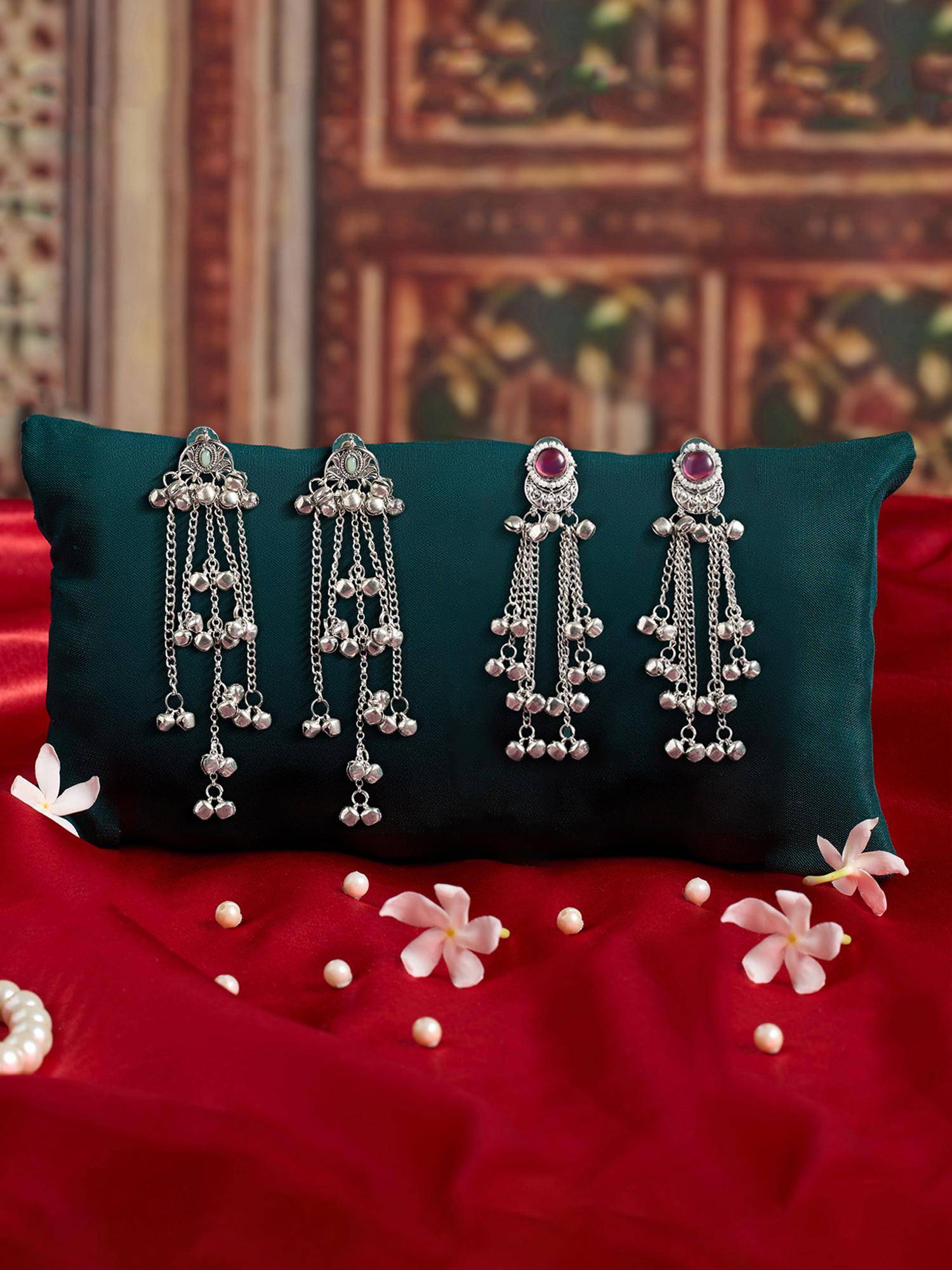 Zaveri Pearls Pack of 2 Silver Kashmiri Ghungroo Oxidised Dangler Earrings-ZPFK22354