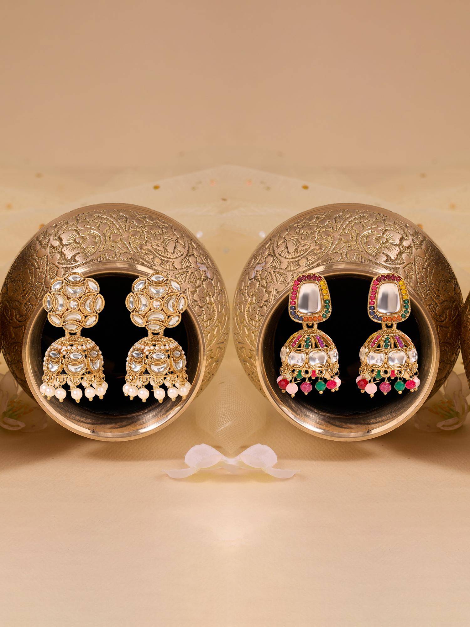 Zaveri Pearls Pair of 2 Multicolor Stones Beads Antique Jhumka Earrings-ZPFK22360