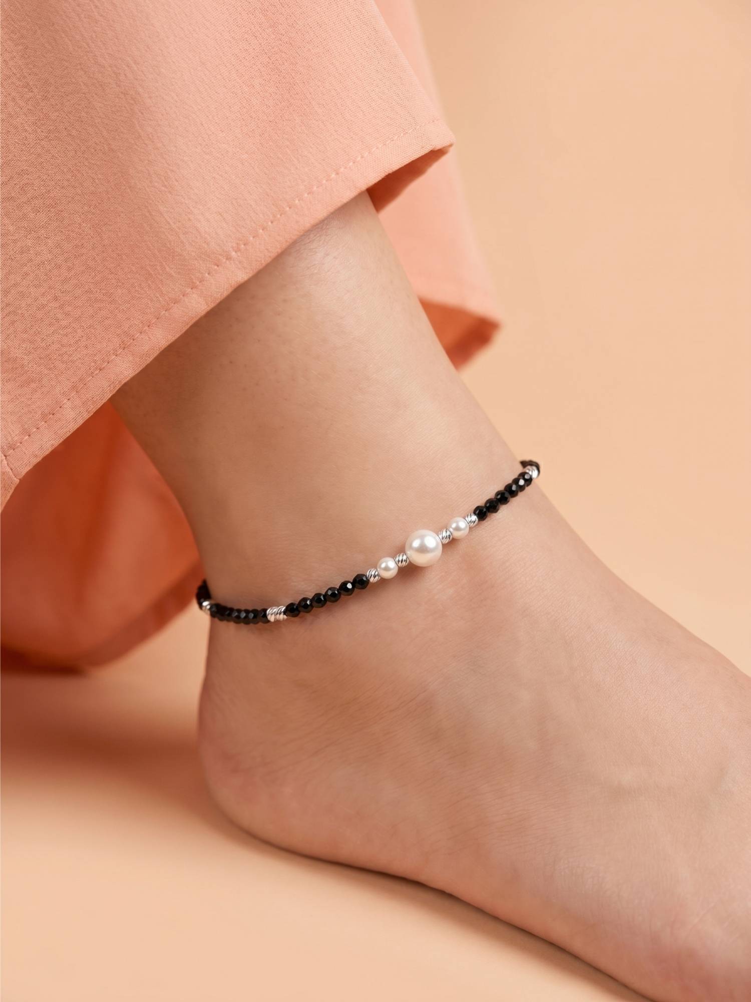 925 SILLER Pure Silver Pearl Centrepiece Black Crystal Beaded Silver Anklet