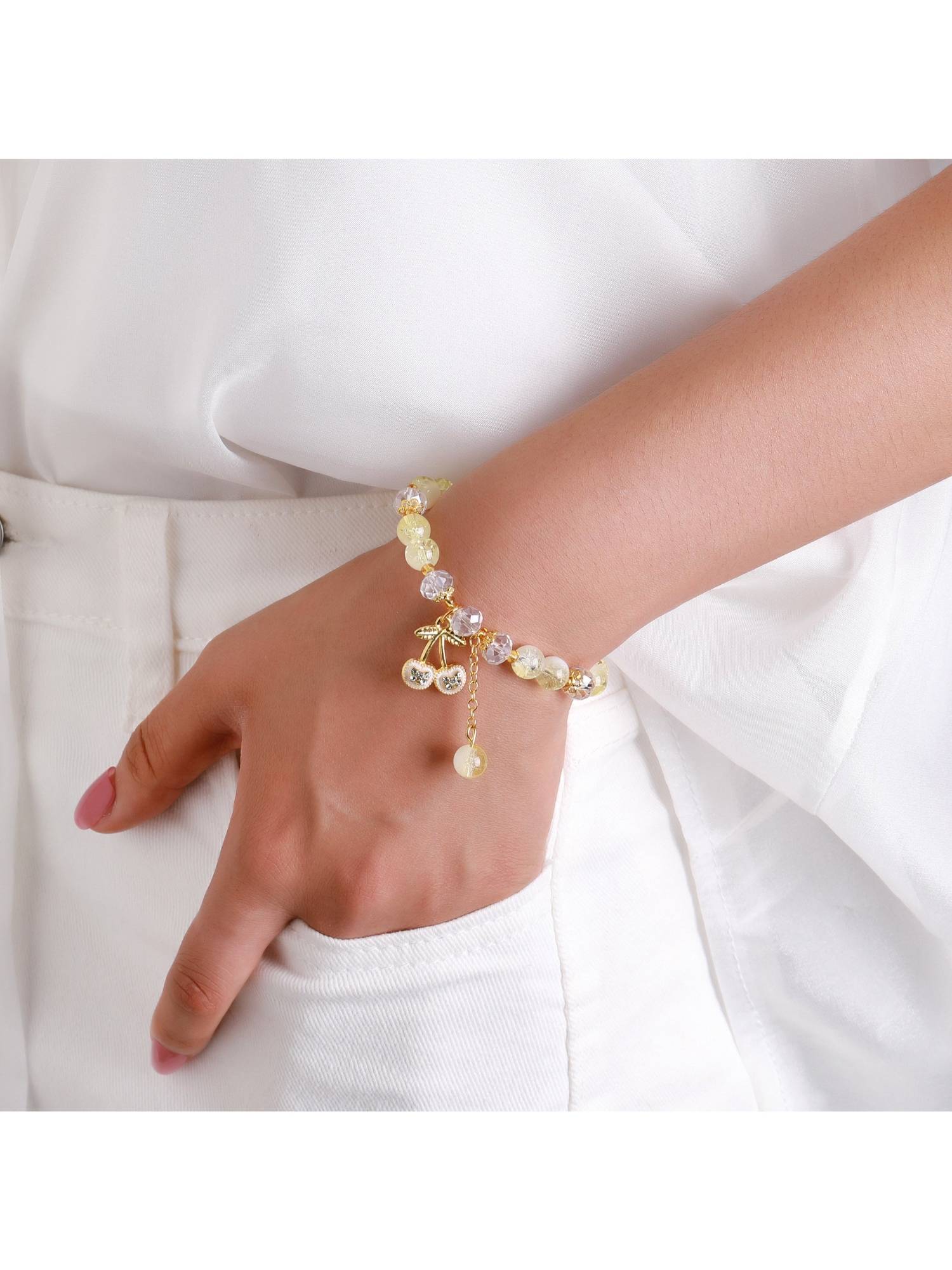 Salty Yellow Sweet Cherry Charm Beaded Bracelet