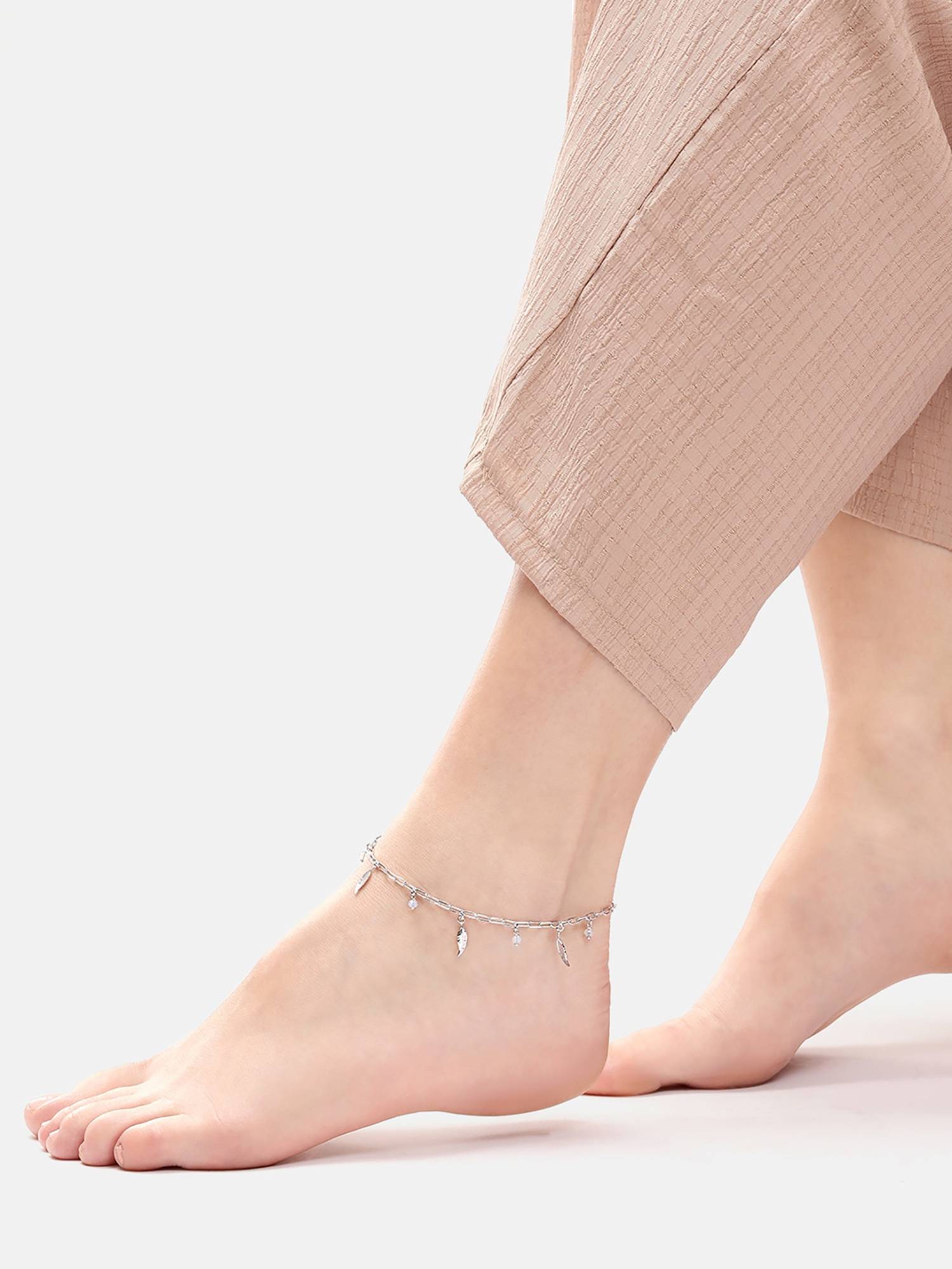 Carlton London Rhodium Plated Leaf Anklet