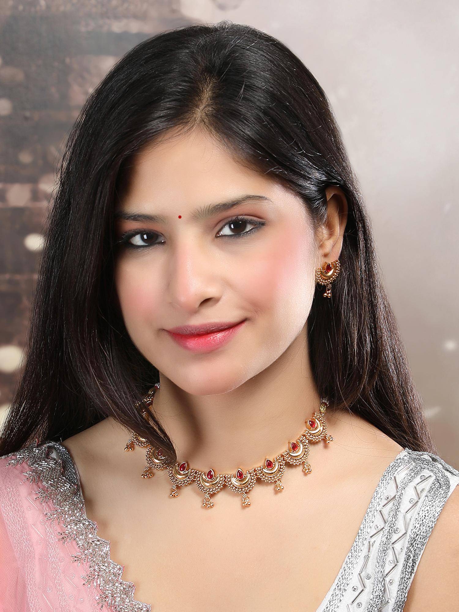 STILEADDA Gold Finish Red Half Moon Shape Necklace & Earrings Set