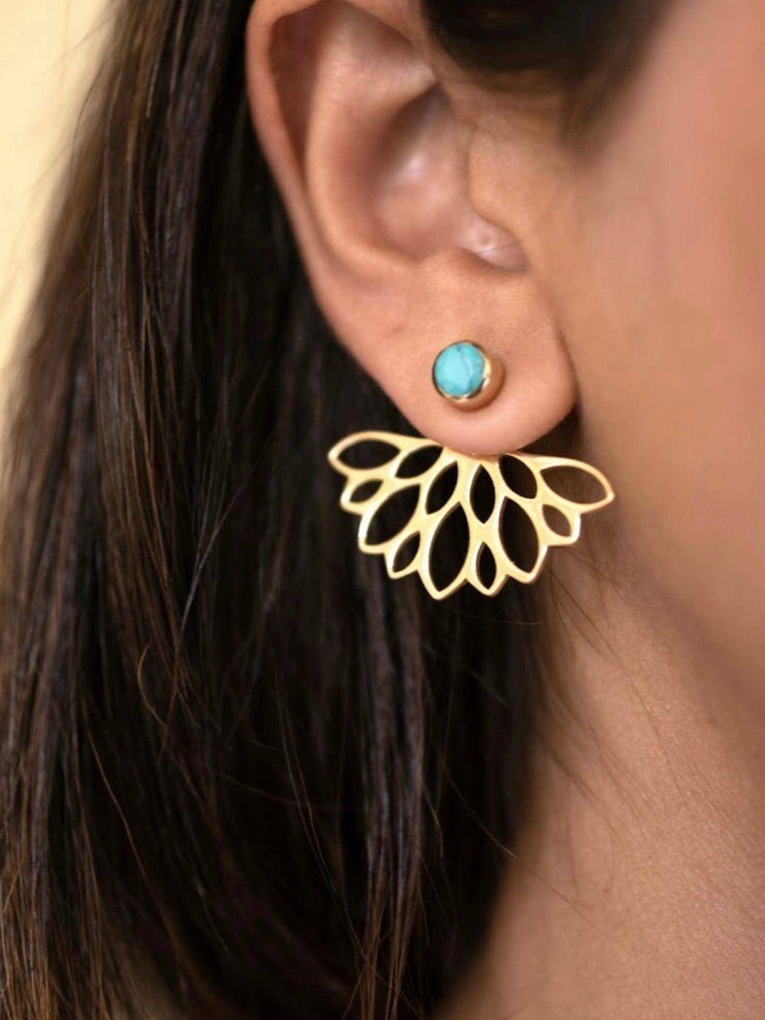 SOUL WORKS Lotus Petal Turquoise Brass Multi Styling Earrings.