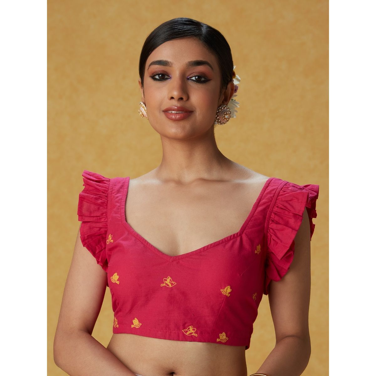 Buy Likha Pink Solid Plain Ruffled Sleeves Blouse with Embroidery
