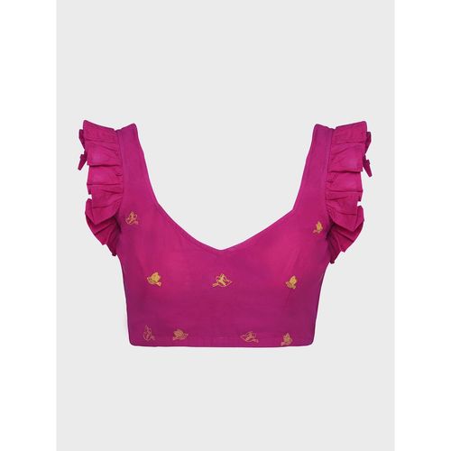 Likha Pink Solid Plain Ruffled Sleeves Blouse with Embroidery LIKBL09 (L)