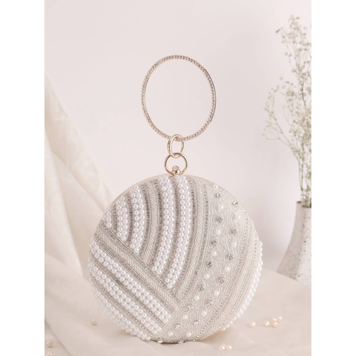 SWISNI Embellished Round Matka Clutch Bag (M)