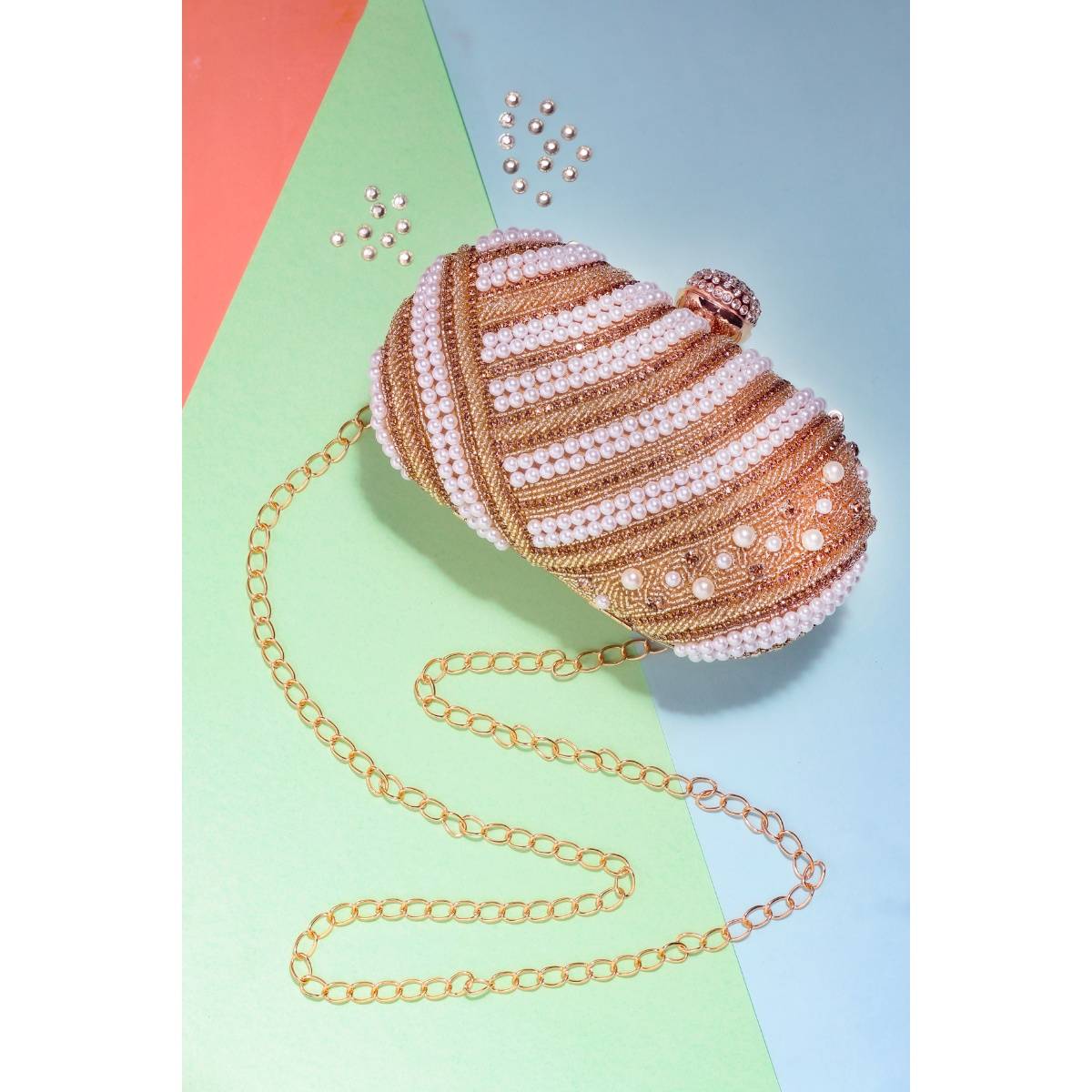 SWISNI Golden Handicraft Oval Shape Designer Clutch (M)