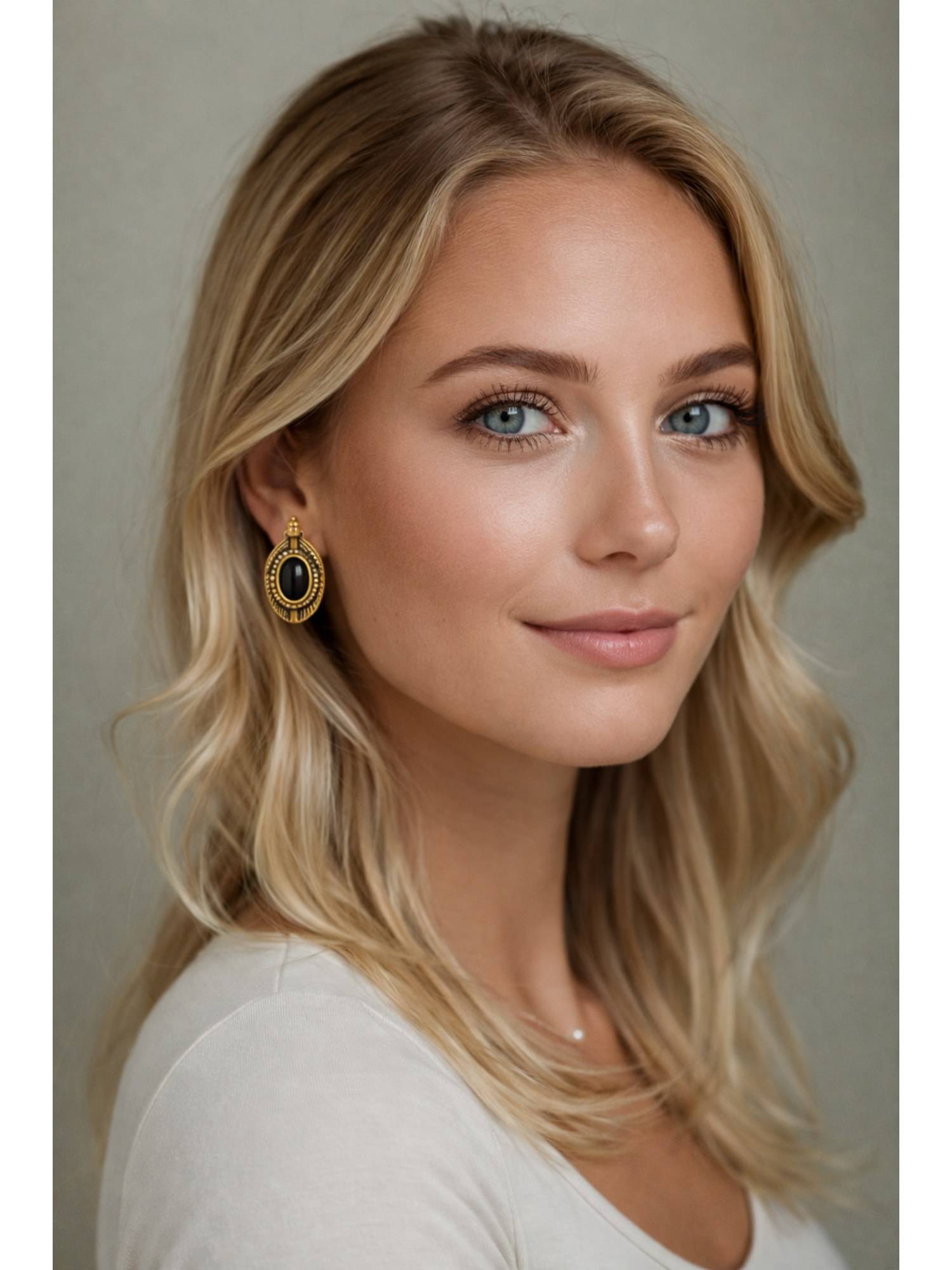 Accessher Antique Gold Oxidised Oval Black Stone Stud Earrings
