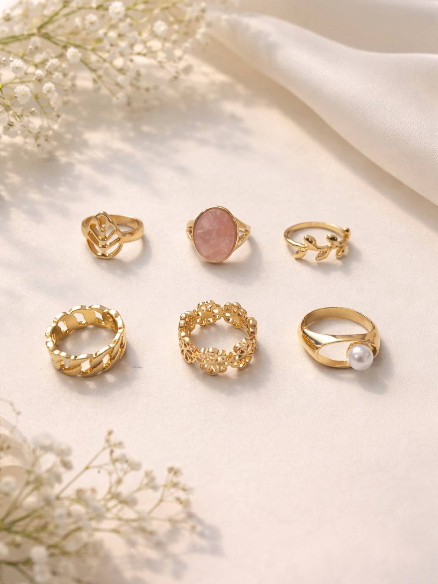 Buy ISHKAARA Multi-Color Golden Bloom Stack Rings (Pack of 6) Online