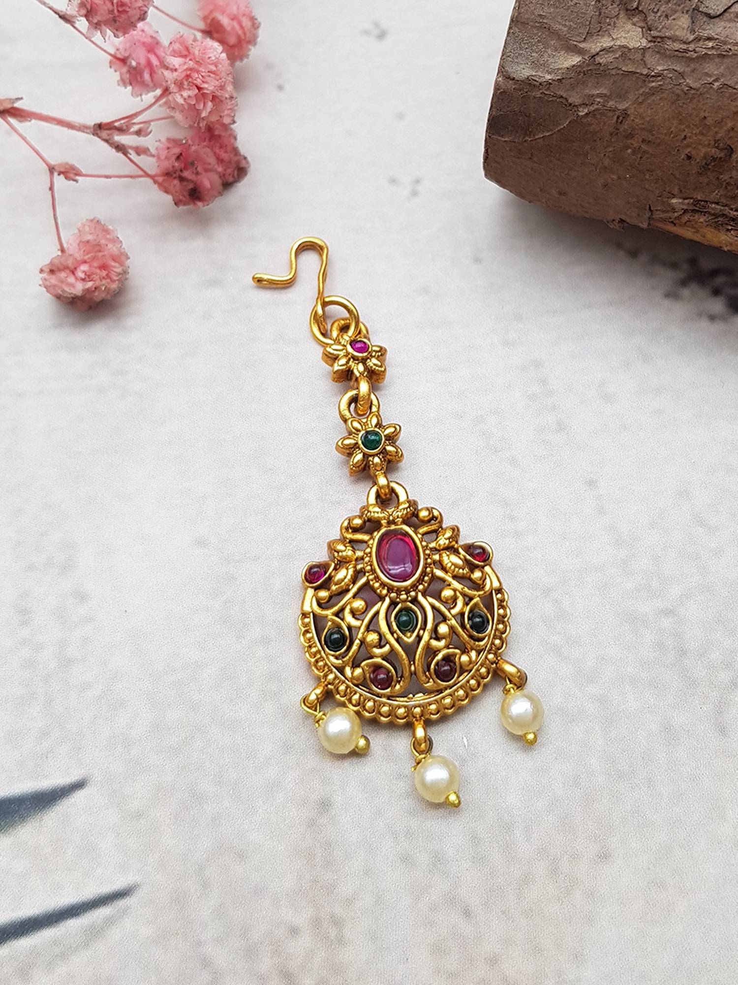 GRIIHAM Gold Plated Multi-Color Stones Maang Tikka