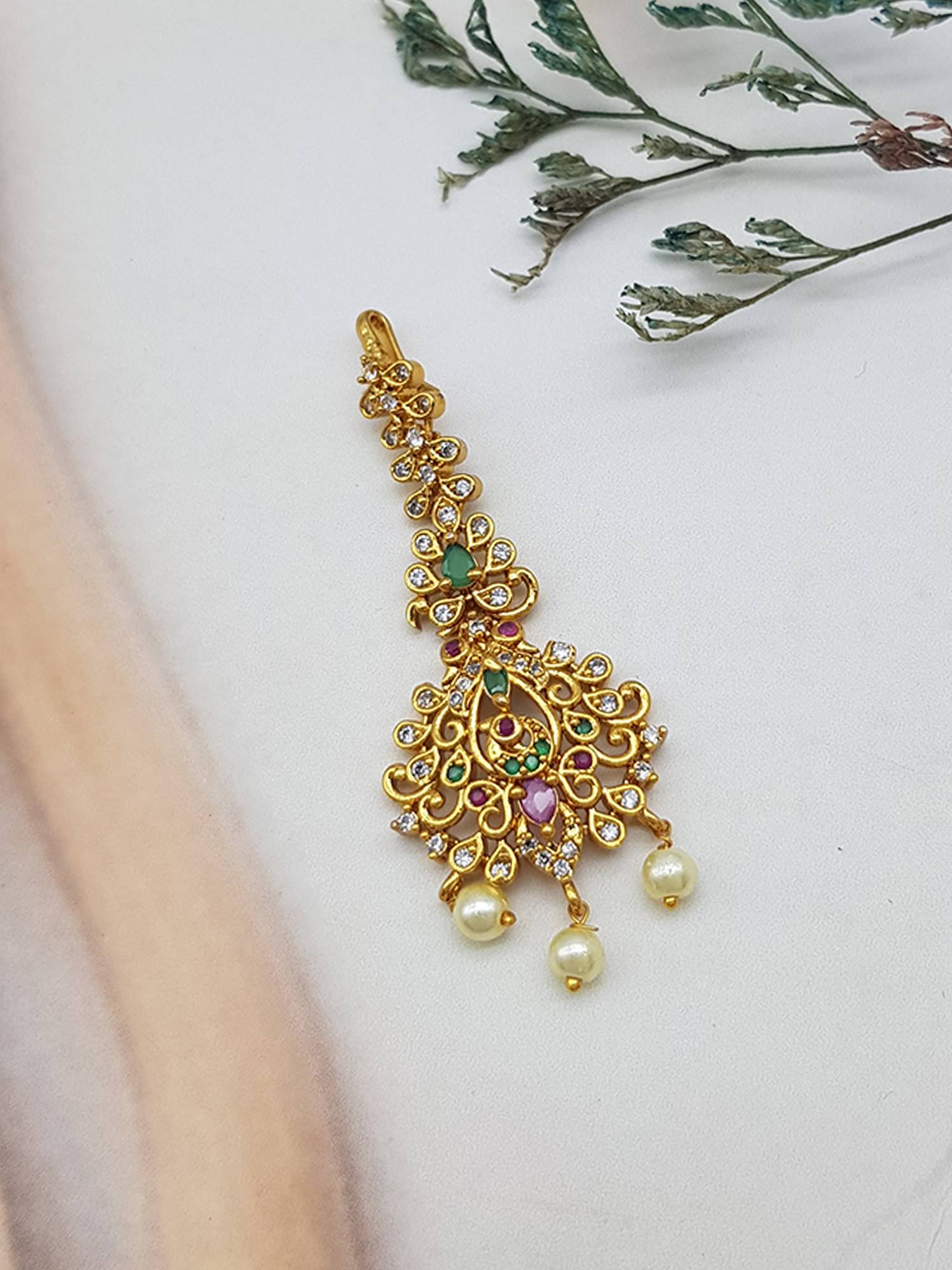 GRIIHAM Gold Plated CZ Multi-Color Stones Maang Tikka