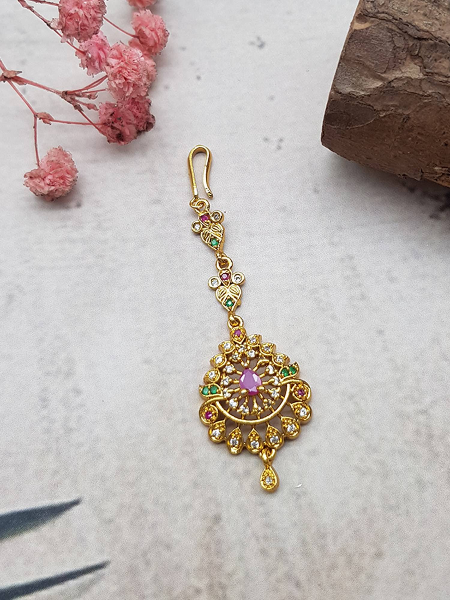 GRIIHAM Gold Plated CZ Multi-Color Stones Maang Tikka