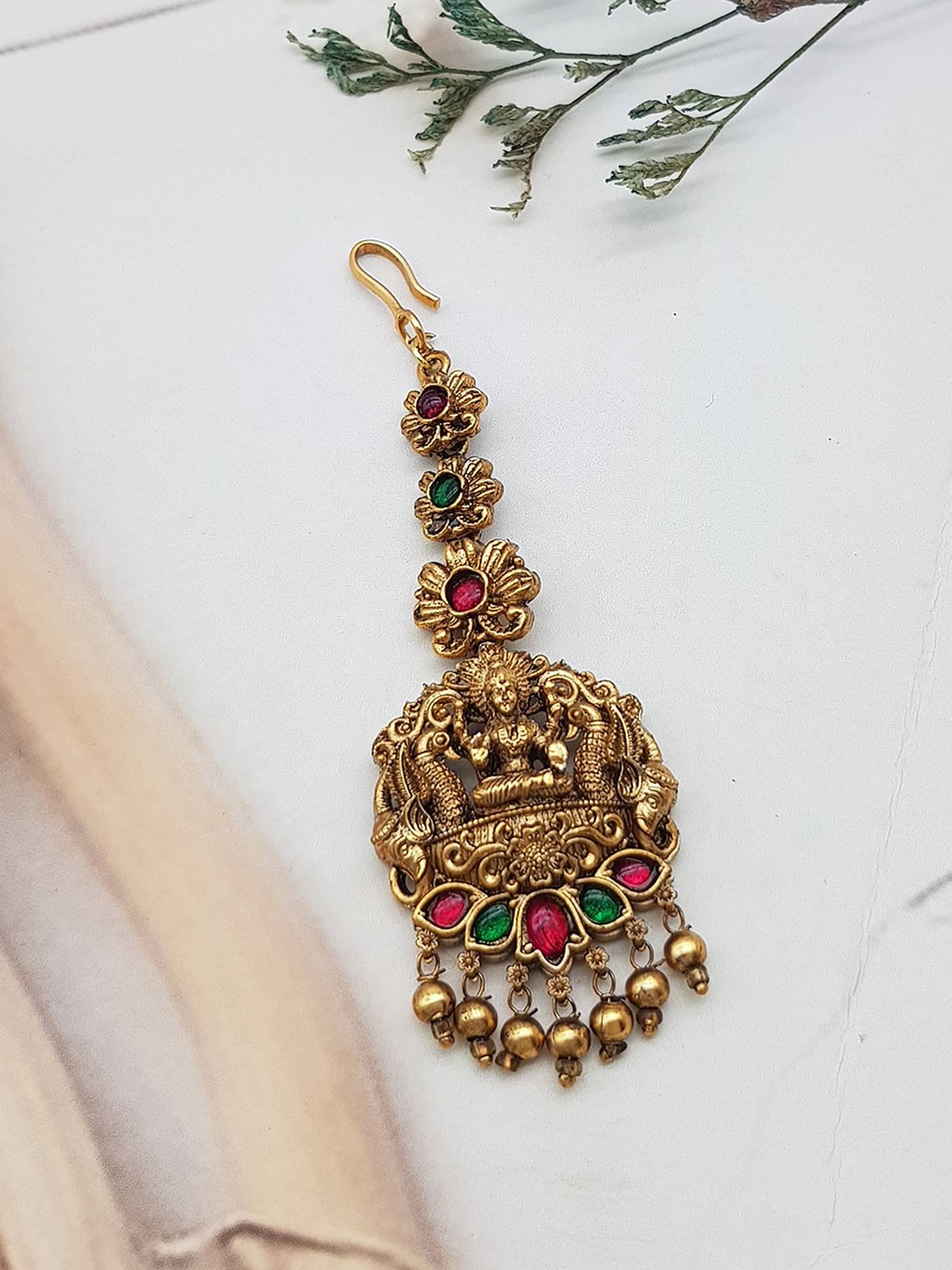 GRIIHAM Gold Plated Multi-Color Stones Maang Tikka