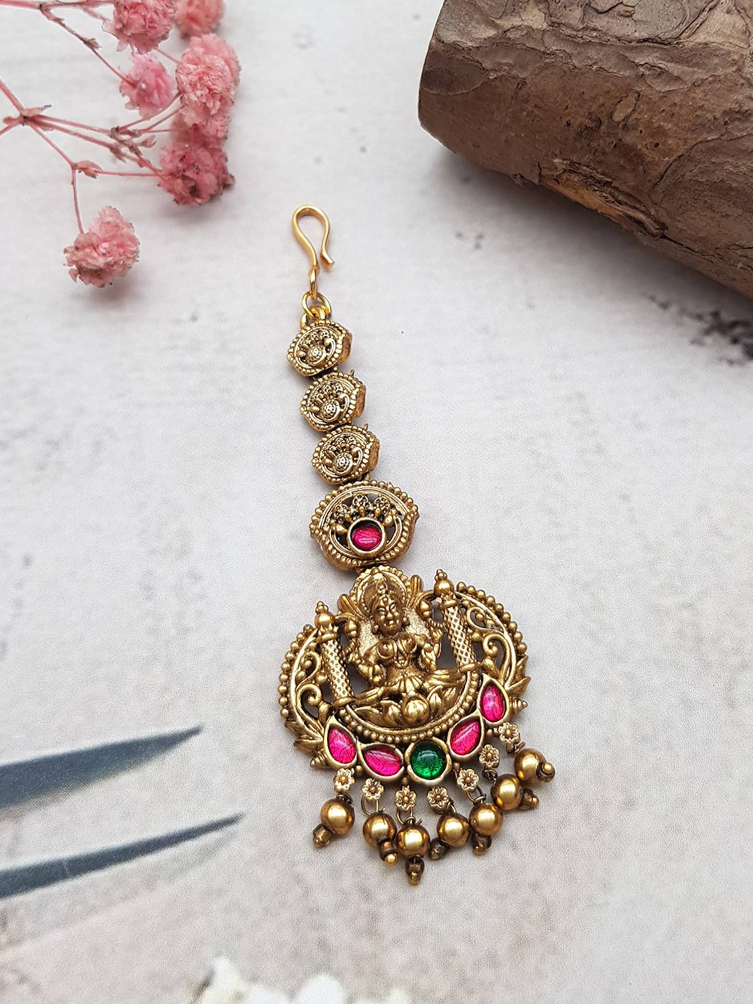 GRIIHAM Gold Plated Multi-Color Stones Maang Tikka
