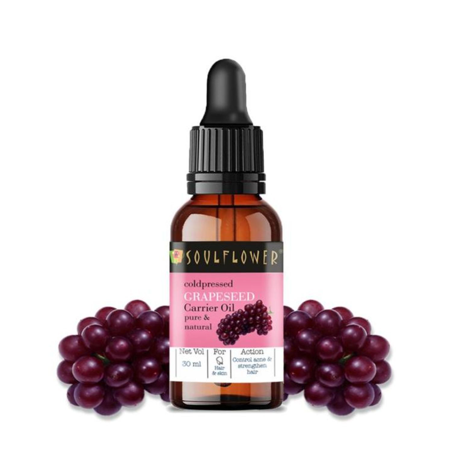 Soulflower Organic Grapeseed Face Serum & Carrier Hair Oil For Glowing Skin, Acne, Cold-Pressed
