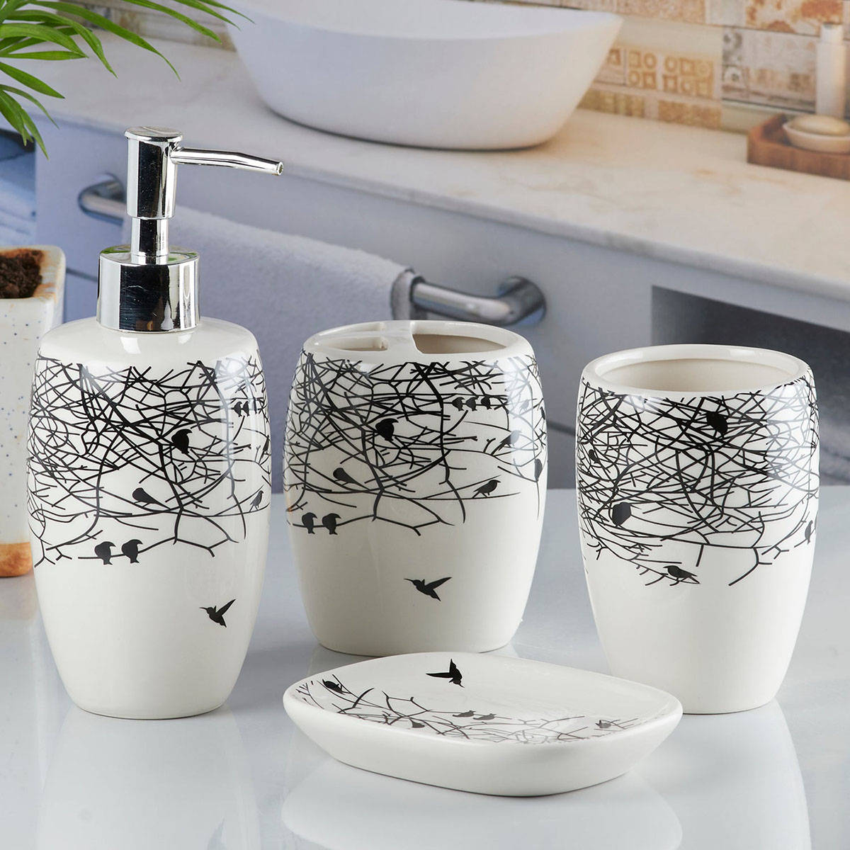 Kookee White Ceramic Bathroom Modern Luxury Bath Accessories (Set of 4)