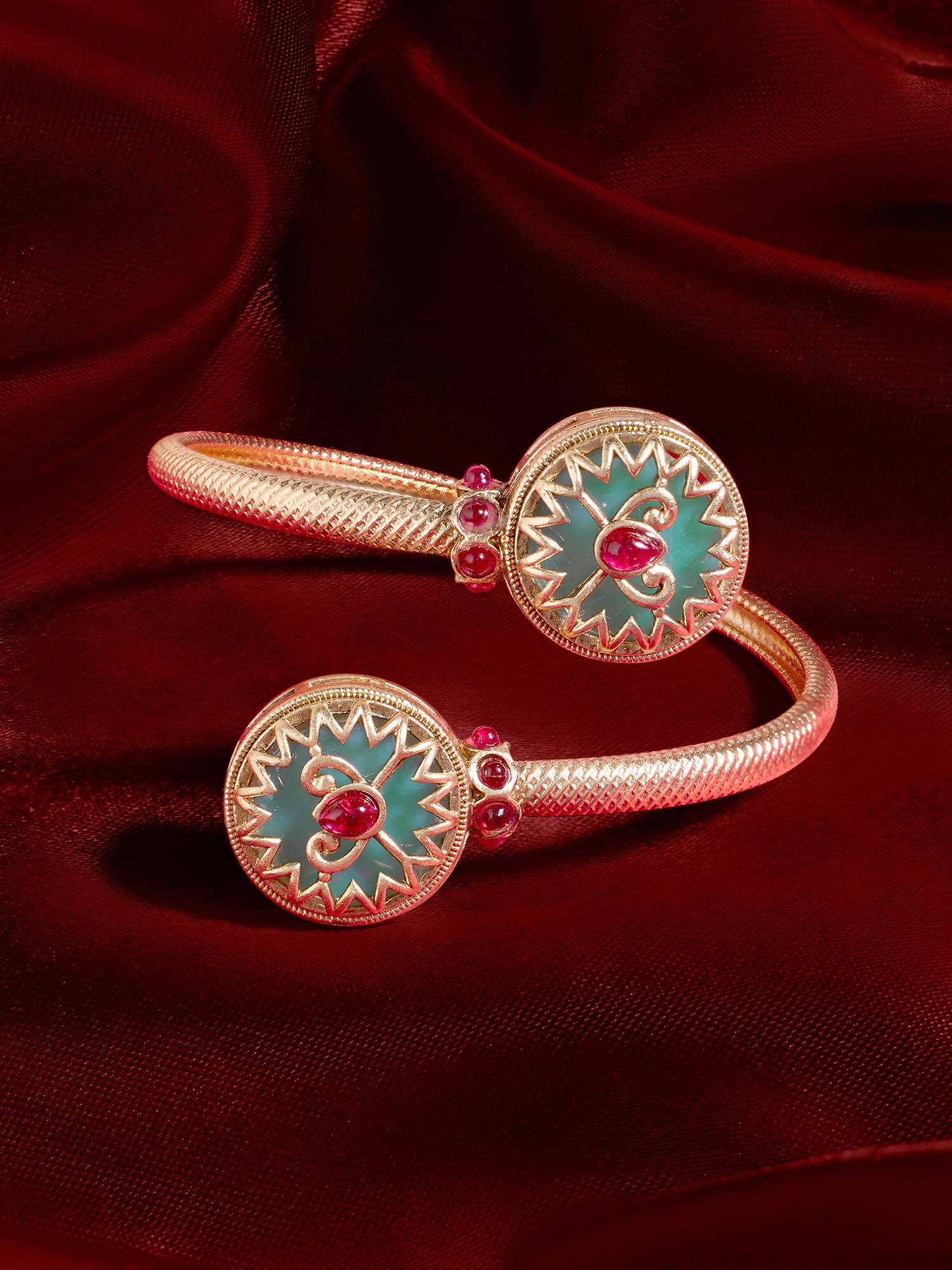 Zaveri Pearls Mint Green Pink Stones Embellished Fusion Kada Bracelet-Zpfk21899