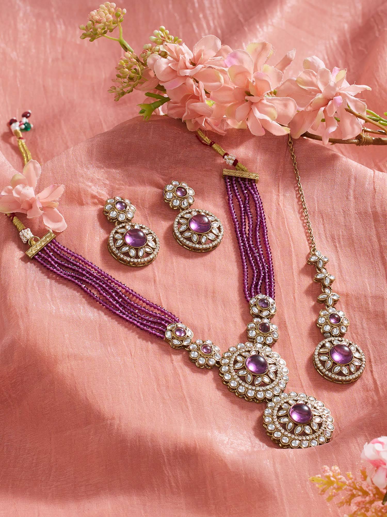 Zaveri Pearls Purple Stones Beads Necklace Earring And Maangtikka Set-Zpfk21939