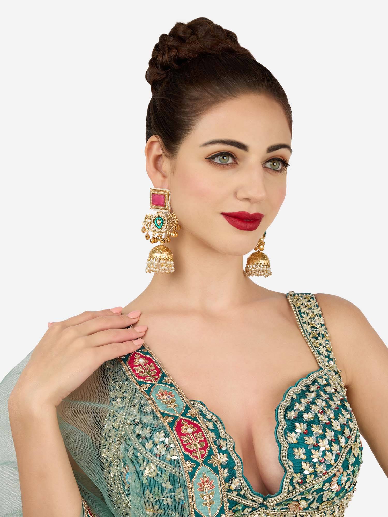 Zaveri Pearls Pink Green Stones And Ghungroo Embellished Jhumka Earring-Zpfk21988