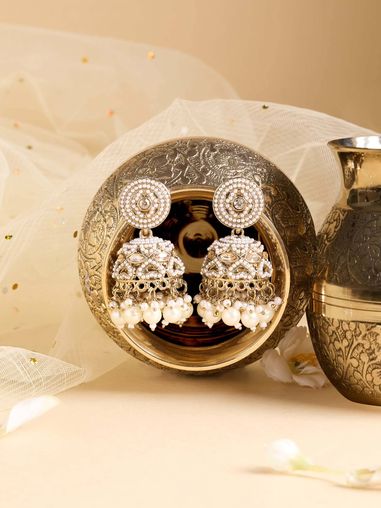 Zaveri Pearls Antique Gold Tone Dazzling Stones Pearls Jhumka Earring-Zpfk21994