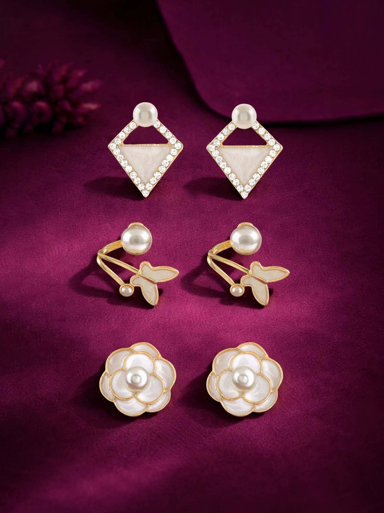 Zaveri Pearls Pack Of 3 Gold Tone Diamonds Pearls Enamel Studs Earrings-Zpfk22058