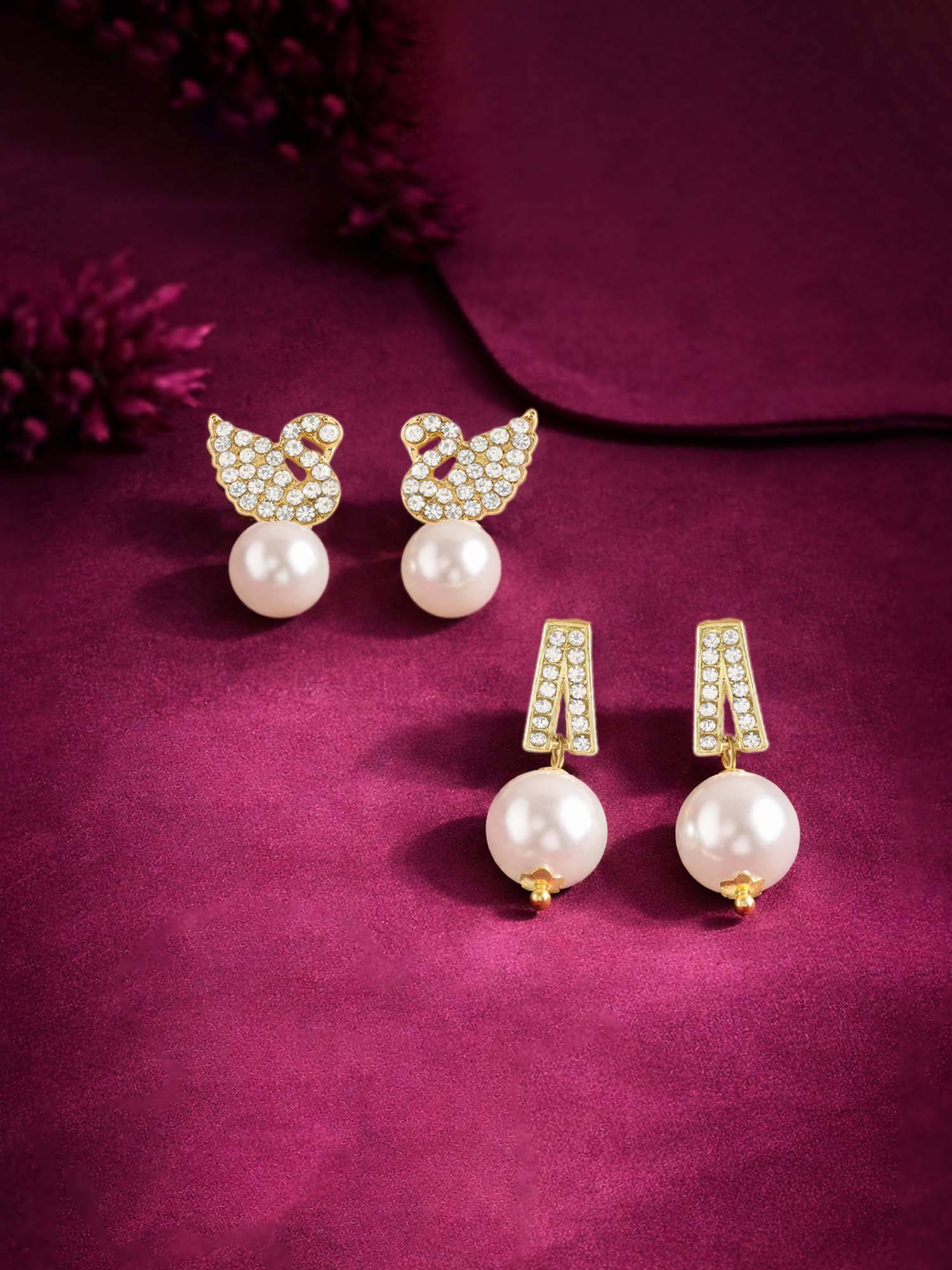 Zaveri Pearls Pack Of 2 Gold Tone Diamonds Contemporary Drop Earrings-Zpfk22061