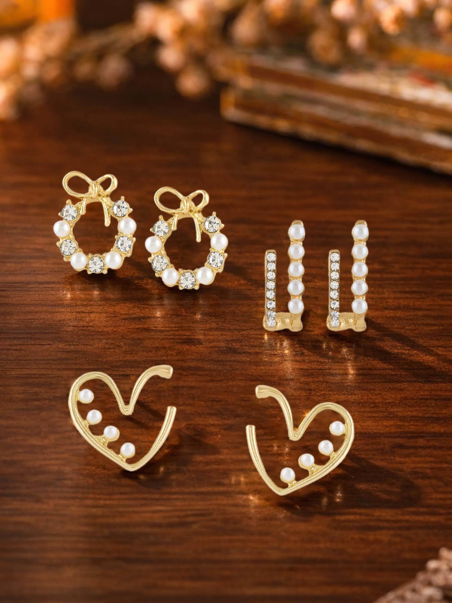Zaveri Pearls Pack Of 3 Gold Tone Diamonds Pearls Enamel Studs Earrings-Zpfk22064