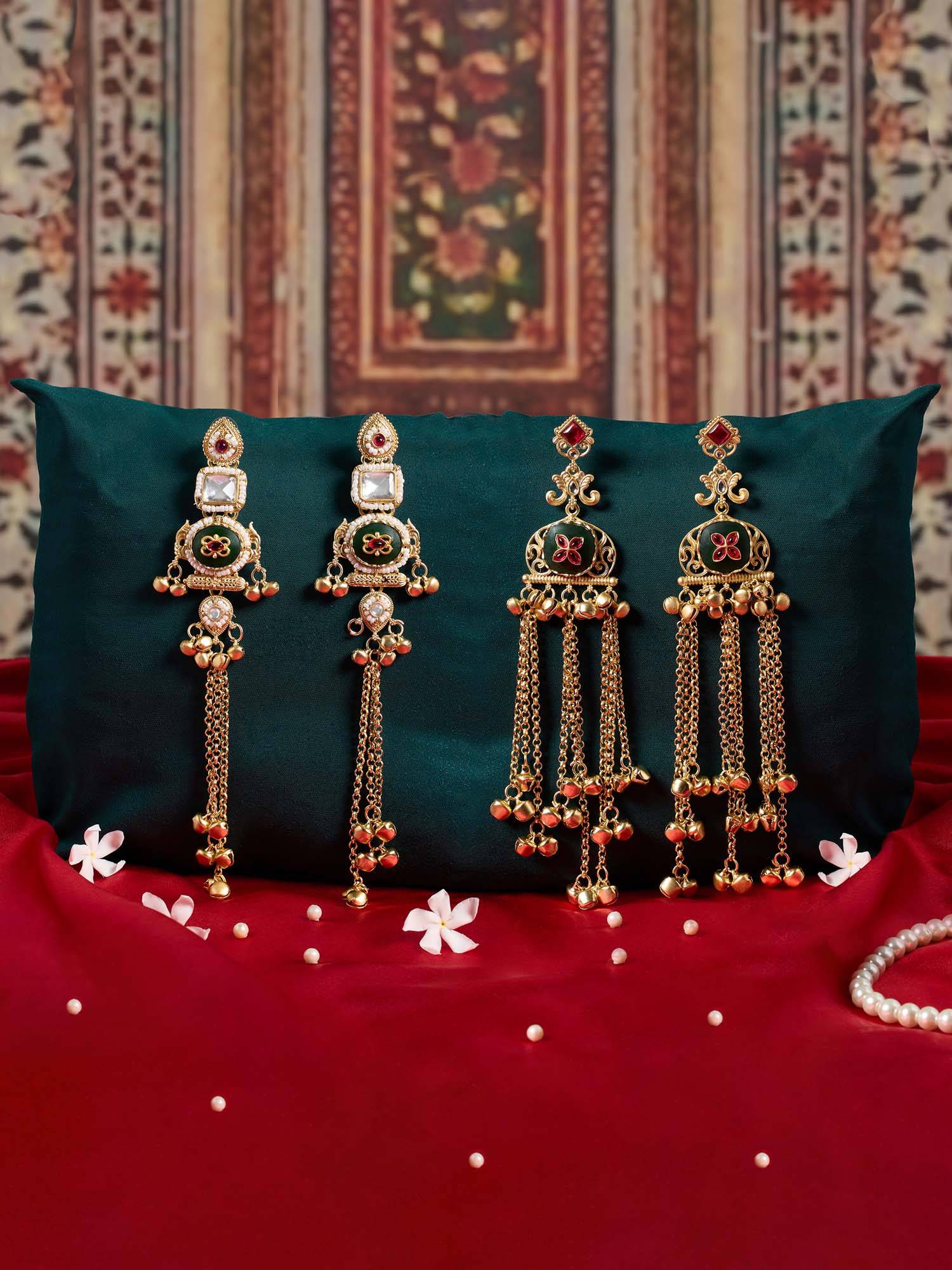 Zaveri Pearls Pack Of 2 Green Pink Kashmiri Ghungroo Dangler Earrings-Zpfk22068