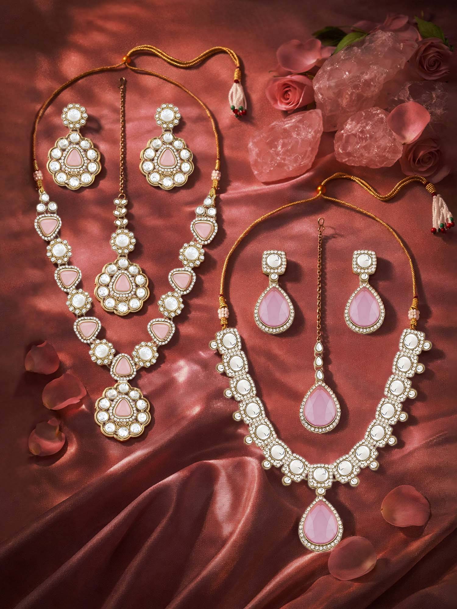 Zaveri Pearls Pack Of 2 Pink Stones Necklace Earring And Maangtikka Set-Zpfk22070