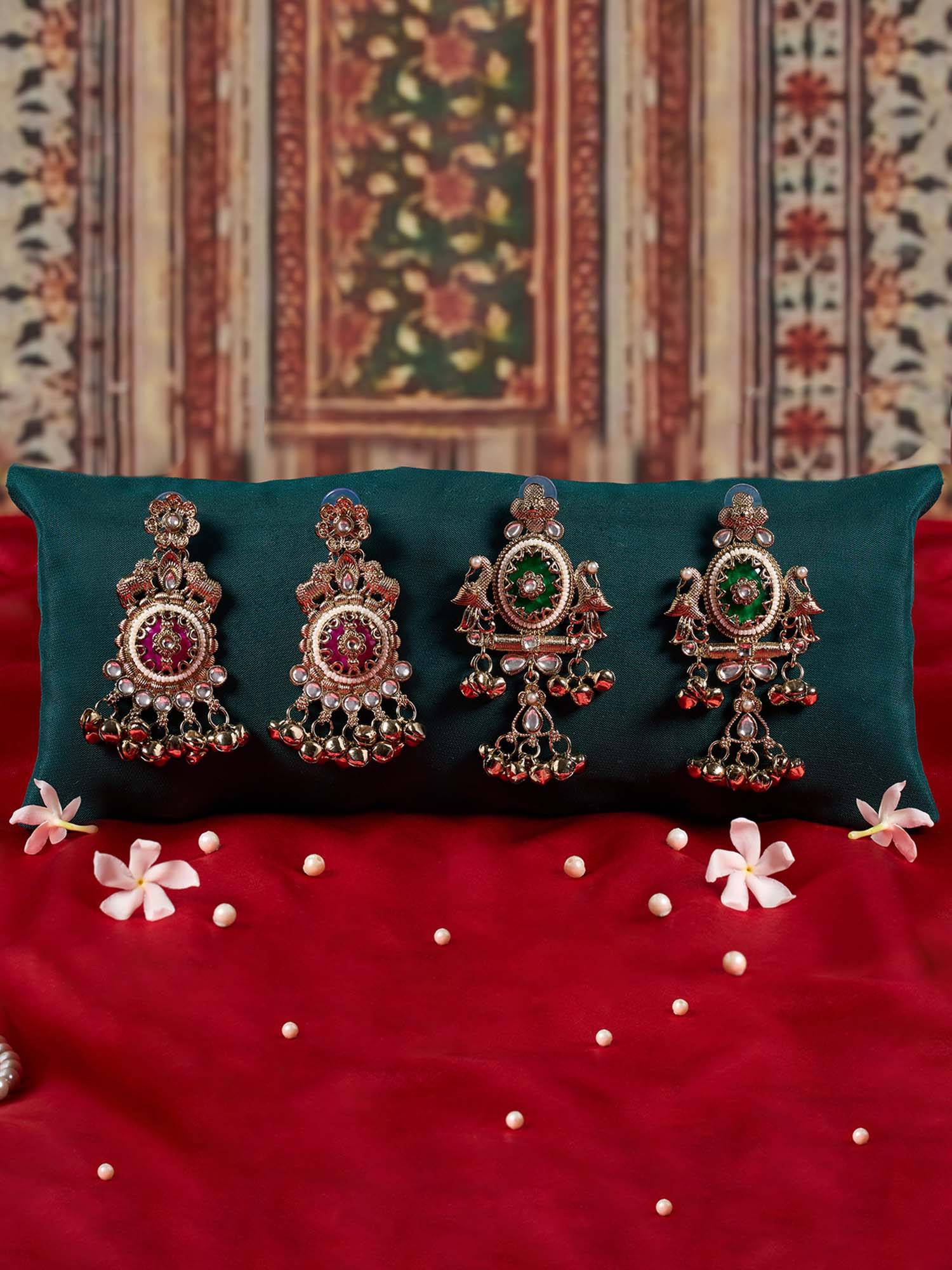 Zaveri Pearls Pack Of 2 Green Pink Kashmiri Ghungroo Dangler Earrings-Zpfk22079