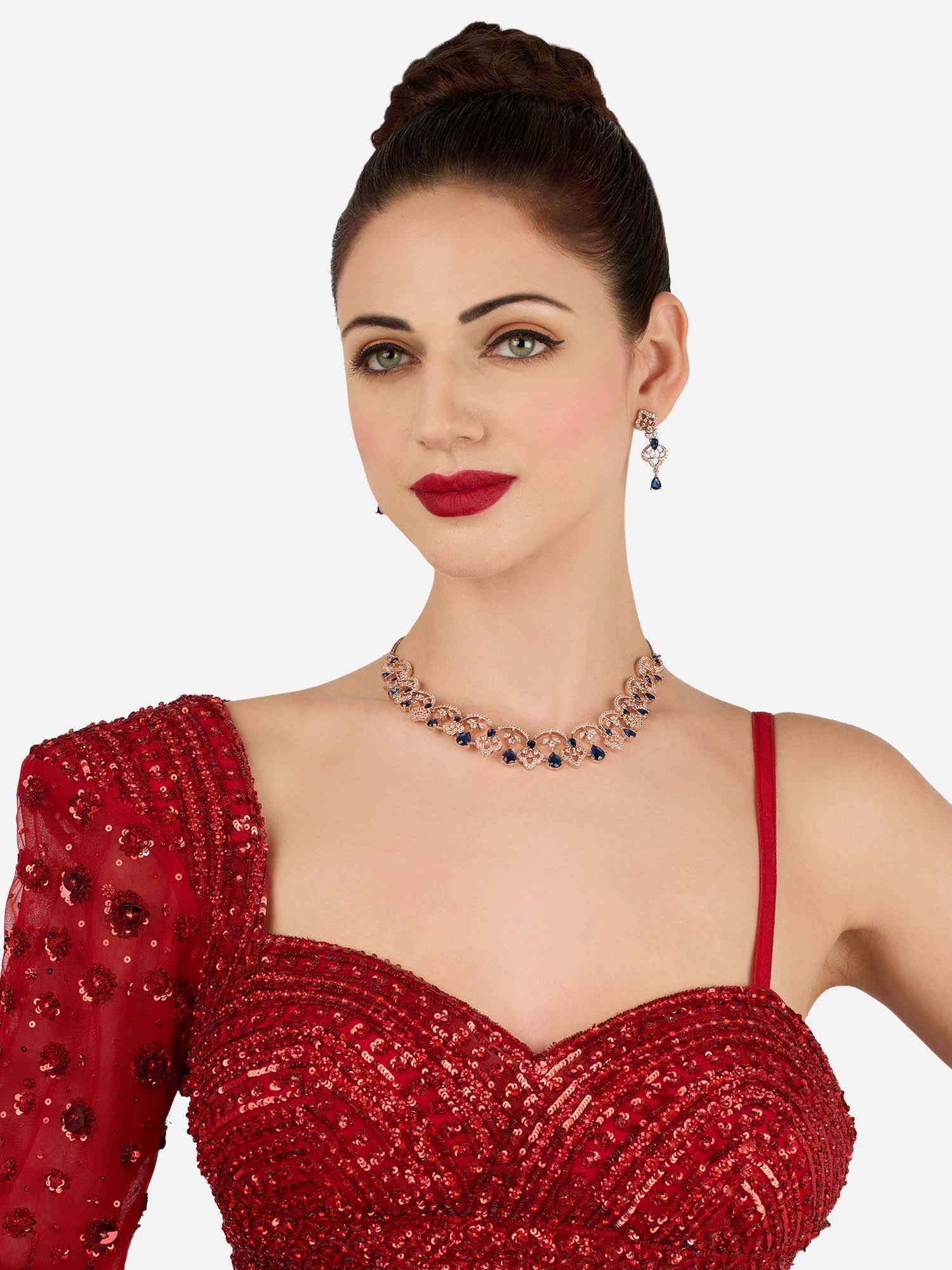 Zaveri Pearls Blue Cubic Zirconia Contemporary Brass Necklace And Earring Set-Zpfk22086