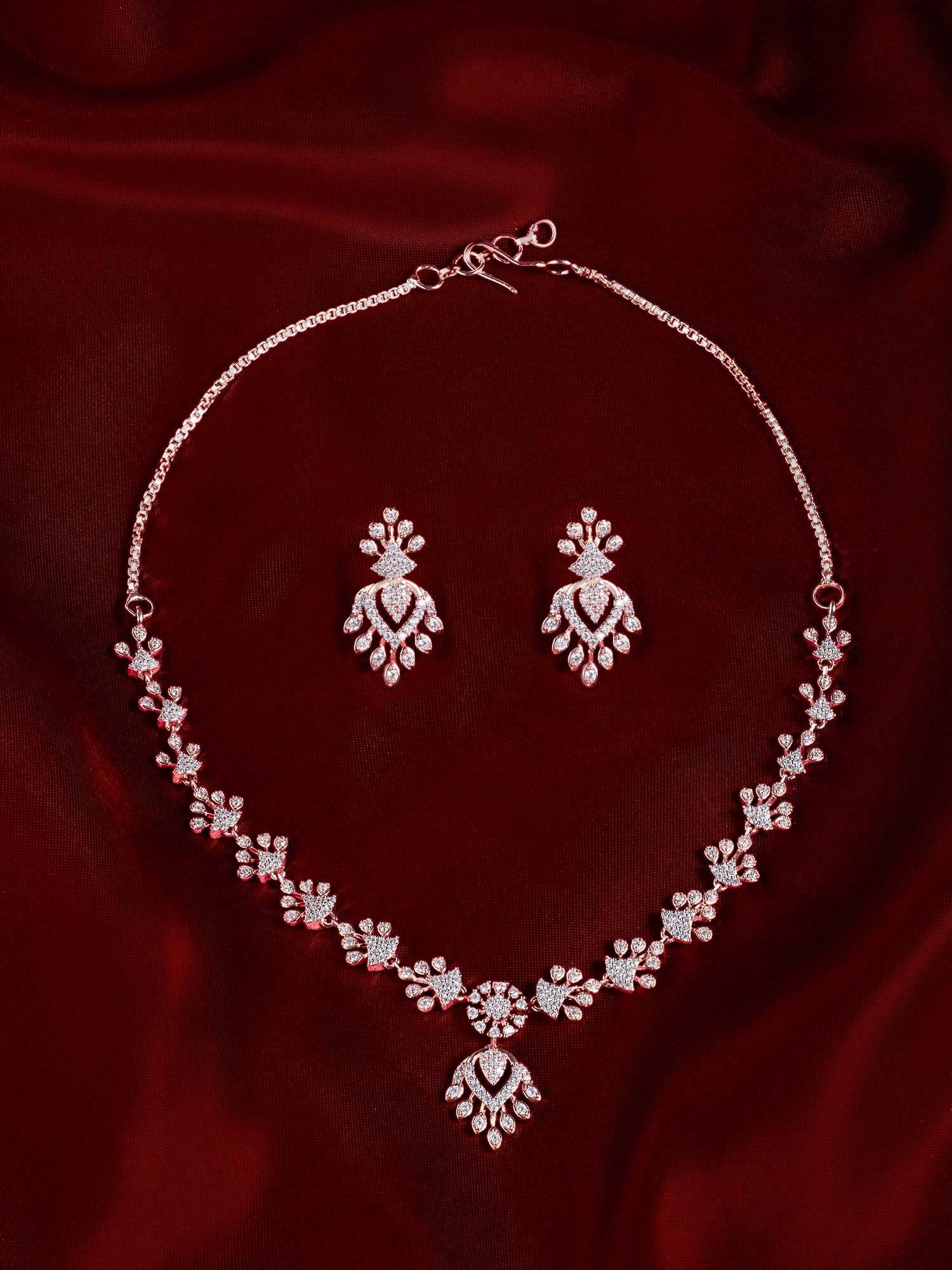 Zaveri Pearls Rose Gold Cubic Zirconia Contemporary Necklace And Earring Set-Zpfk22087