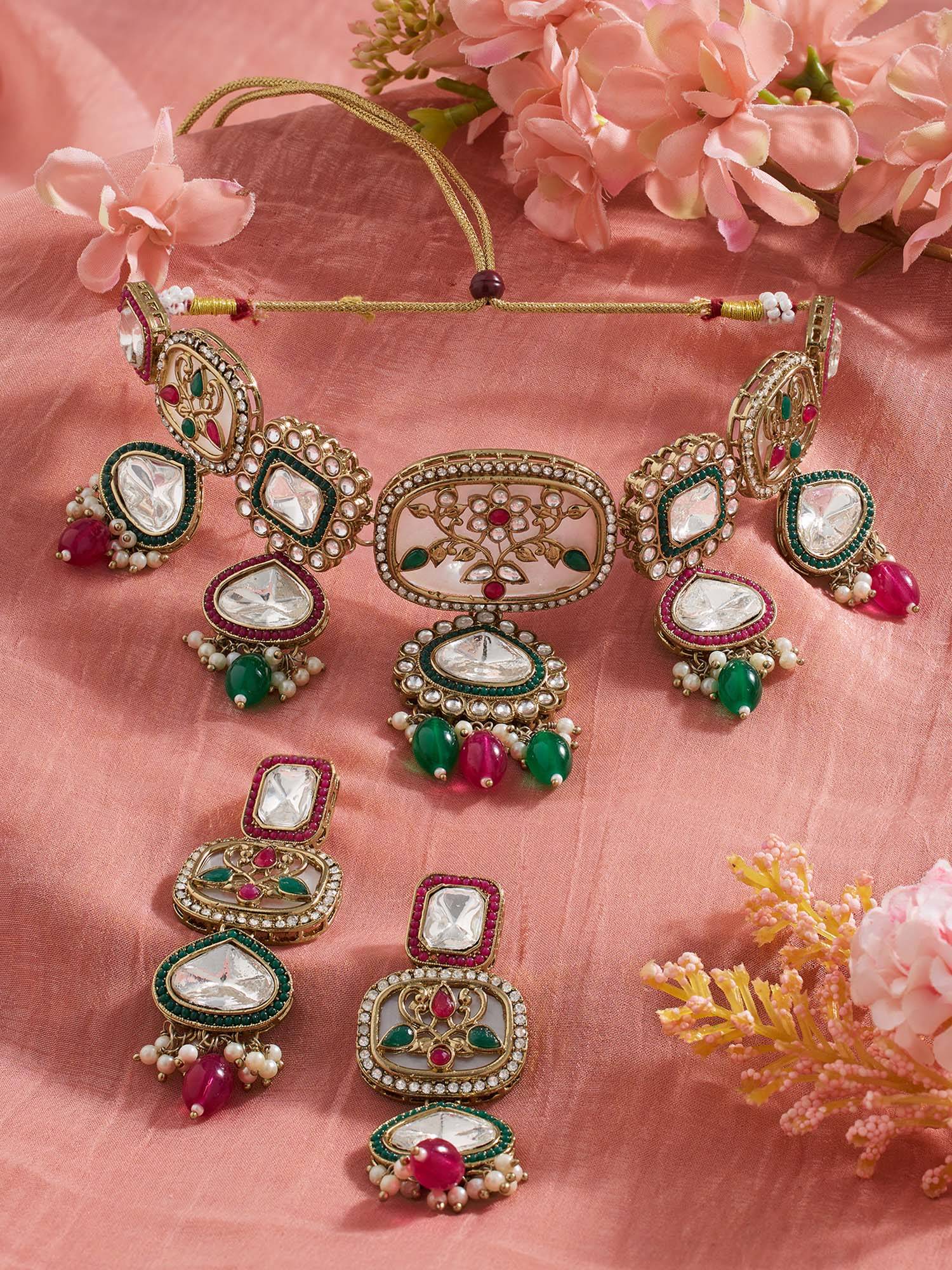 Zaveri Pearls Green Pink Stones Beads Antique Plating Necklace Earring Set-Zpfk22100